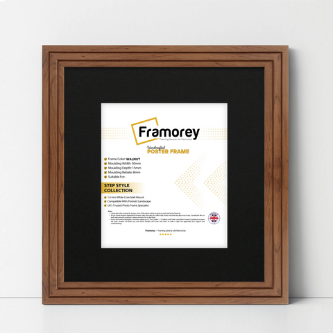Step Style Square Size Walnut Picture Frame With Black Mount