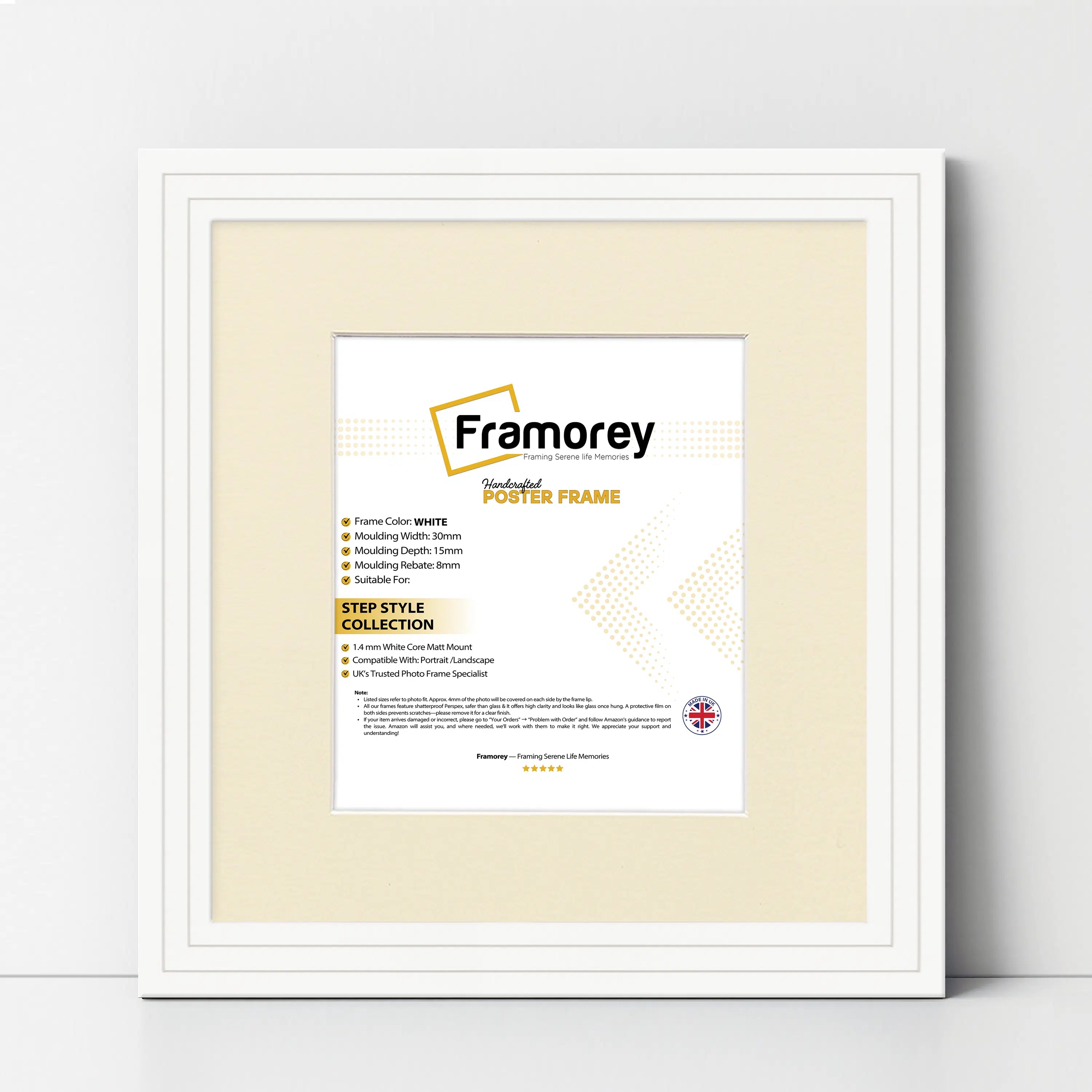Step Style Square Size White Picture Frame With Ivory Mount