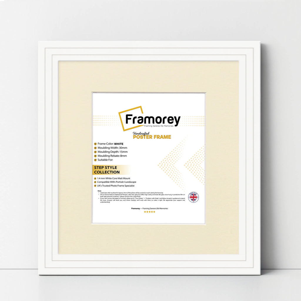 Step Style Square Size White Picture Frame With Ivory Mount