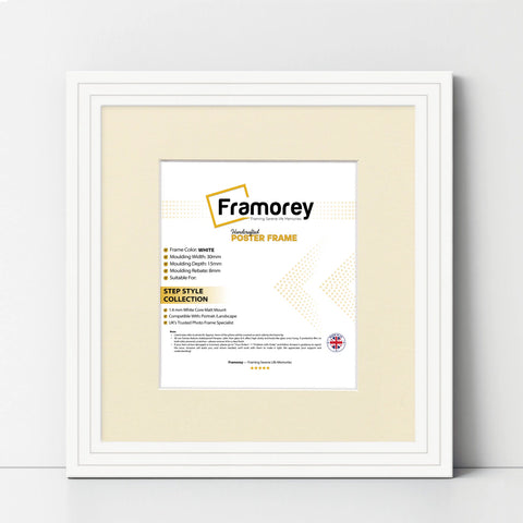 Step Style Square Size White Picture Frame With Ivory Mount
