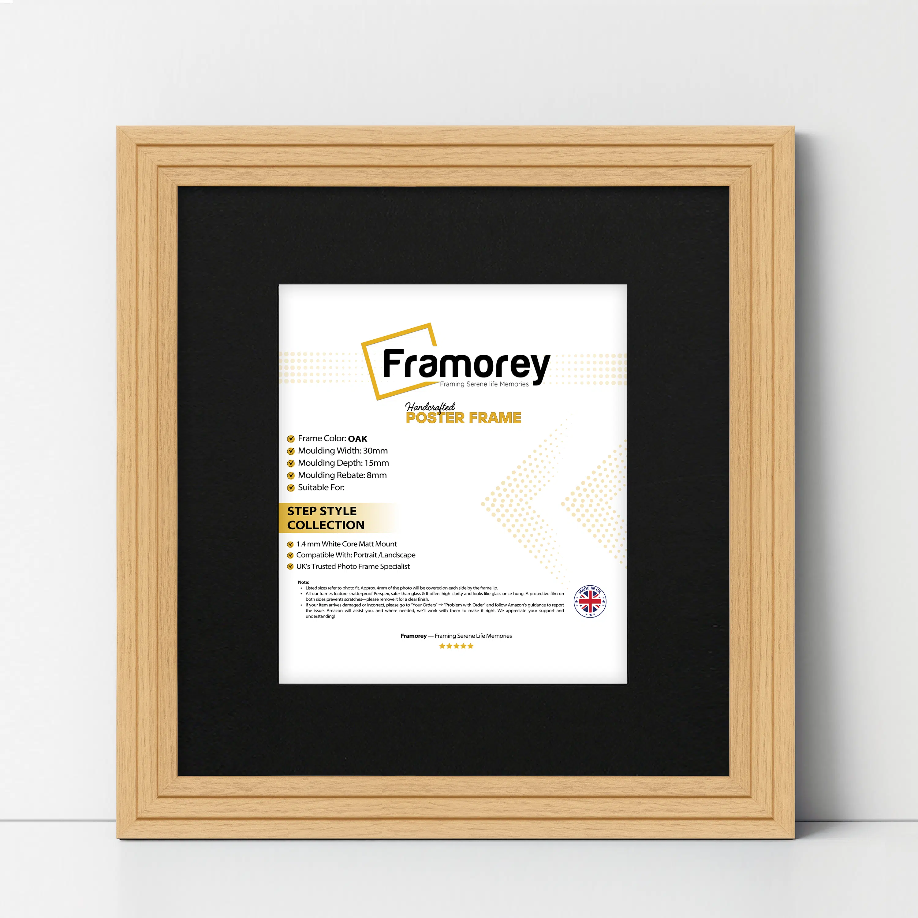 Step Style Square Size Oak Picture Frame With Black Mount
