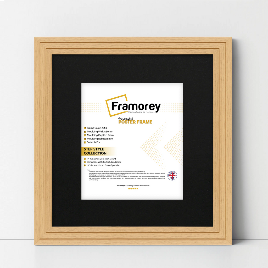 Step Style Square Size Oak Picture Frame With Black Mount