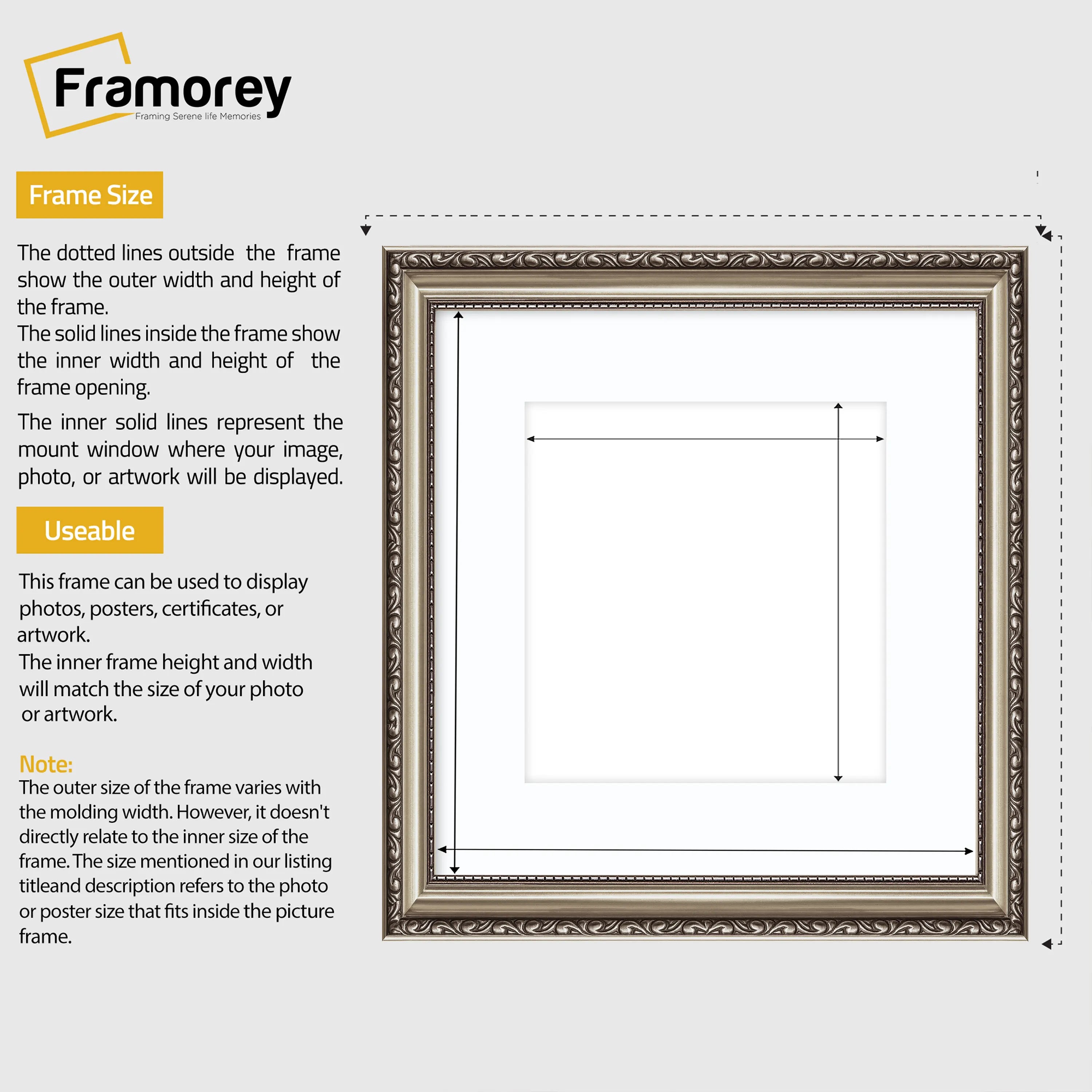 Square Size Gun Metal Shabby Picture Frame With White Mount