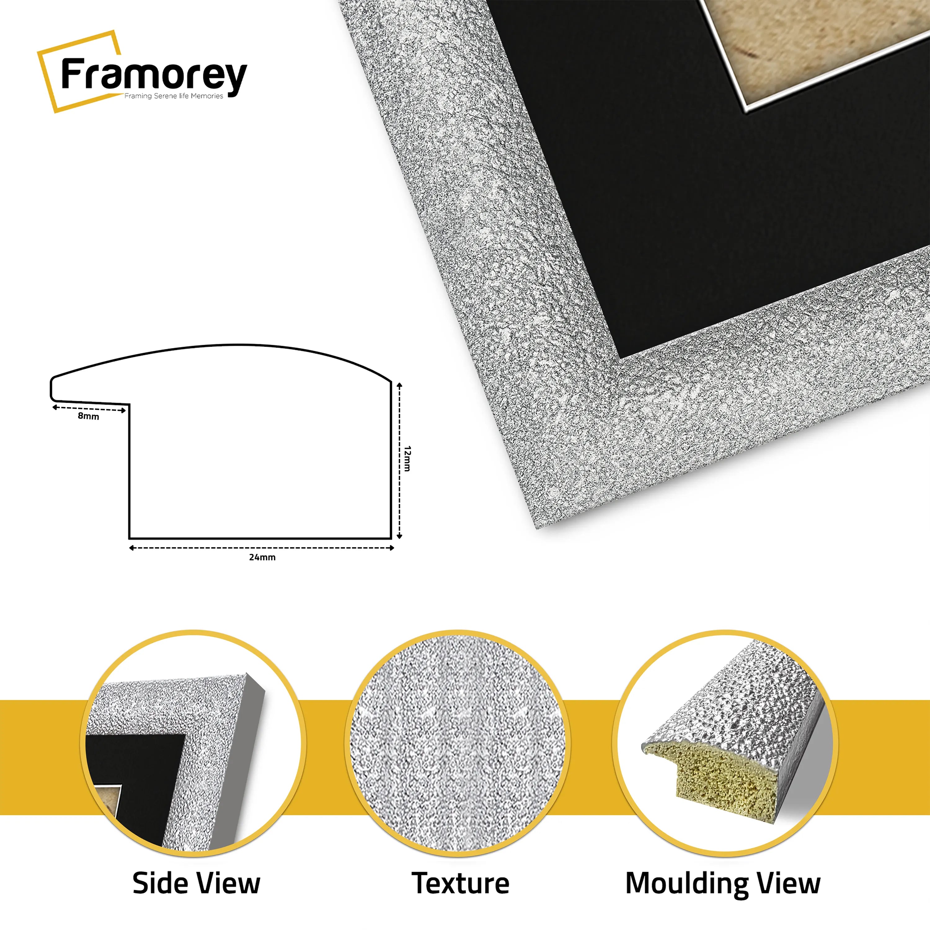 Panoramic Size Glitter Sparkle Silver Photo Frames With Black Mount