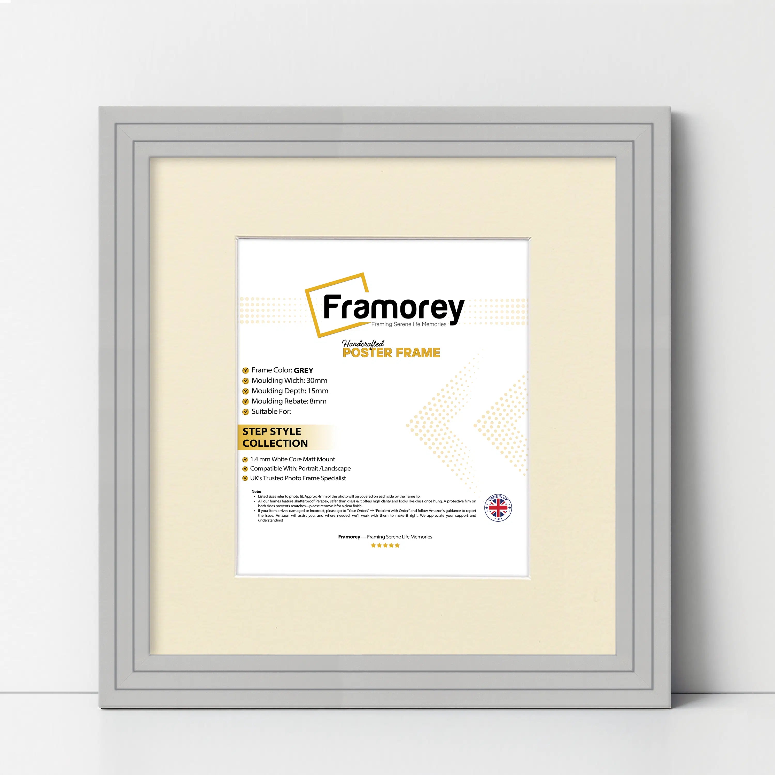 Step Style Square Size Grey Picture Frame With Ivory Mount
