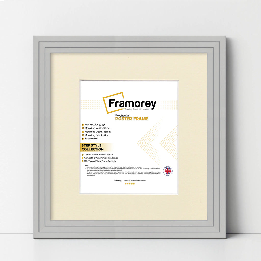 Step Style Square Size Grey Picture Frame With Ivory Mount