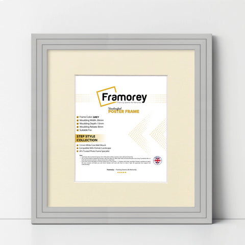 Step Style Square Size Grey Picture Frame With Ivory Mount