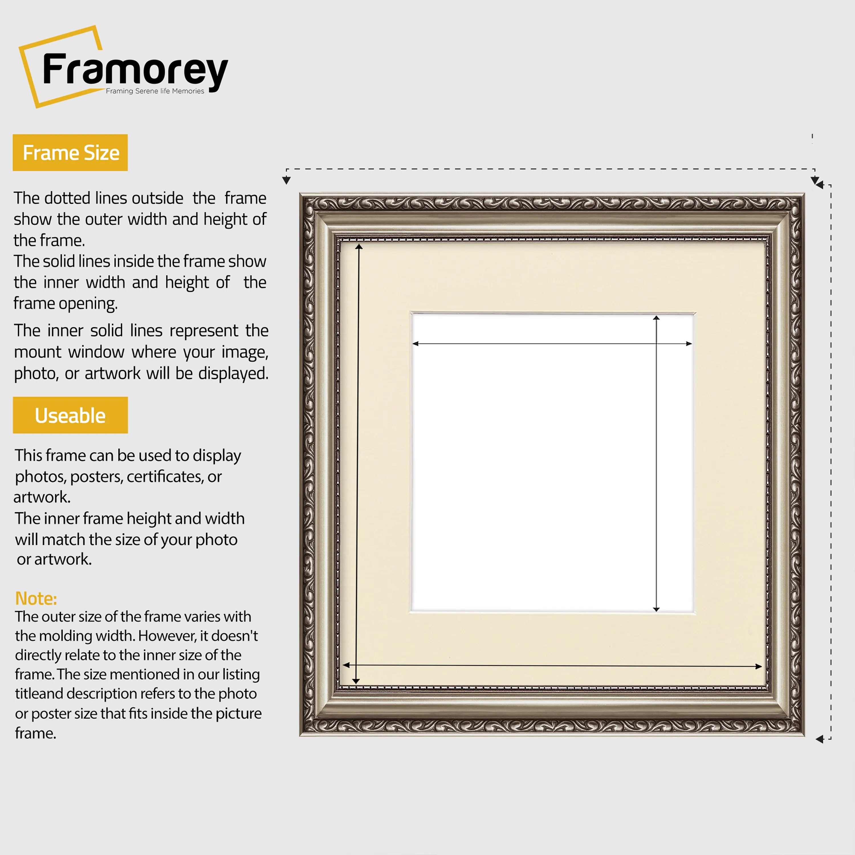 Square Size Gun Metal Shabby Picture Frame With Ivory Mount