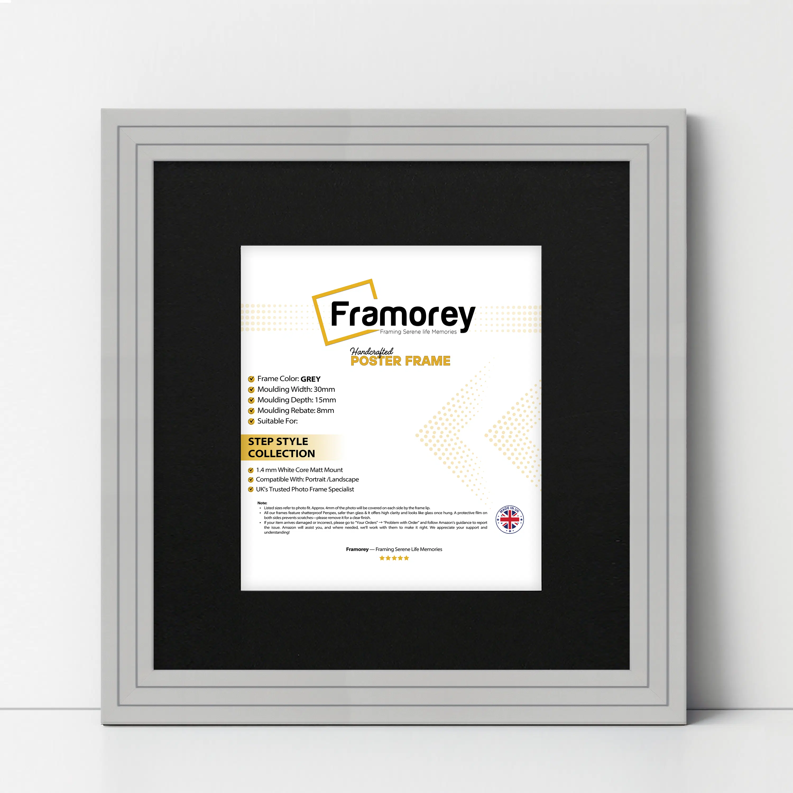 Step Style Square Size Grey Picture Frame With Black Mount