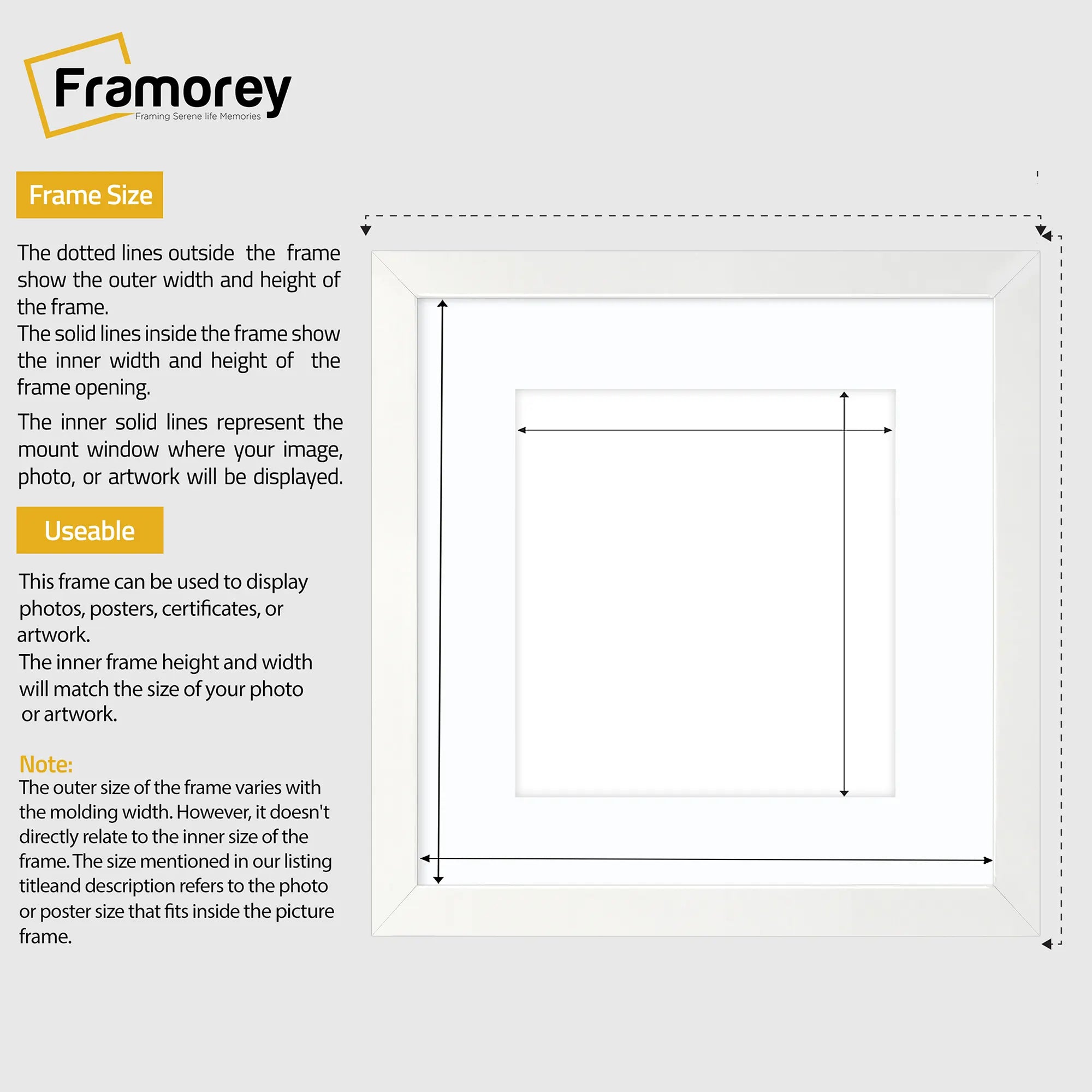 Flat Square Size White Photo Frame Wall Art Frame With White Mount