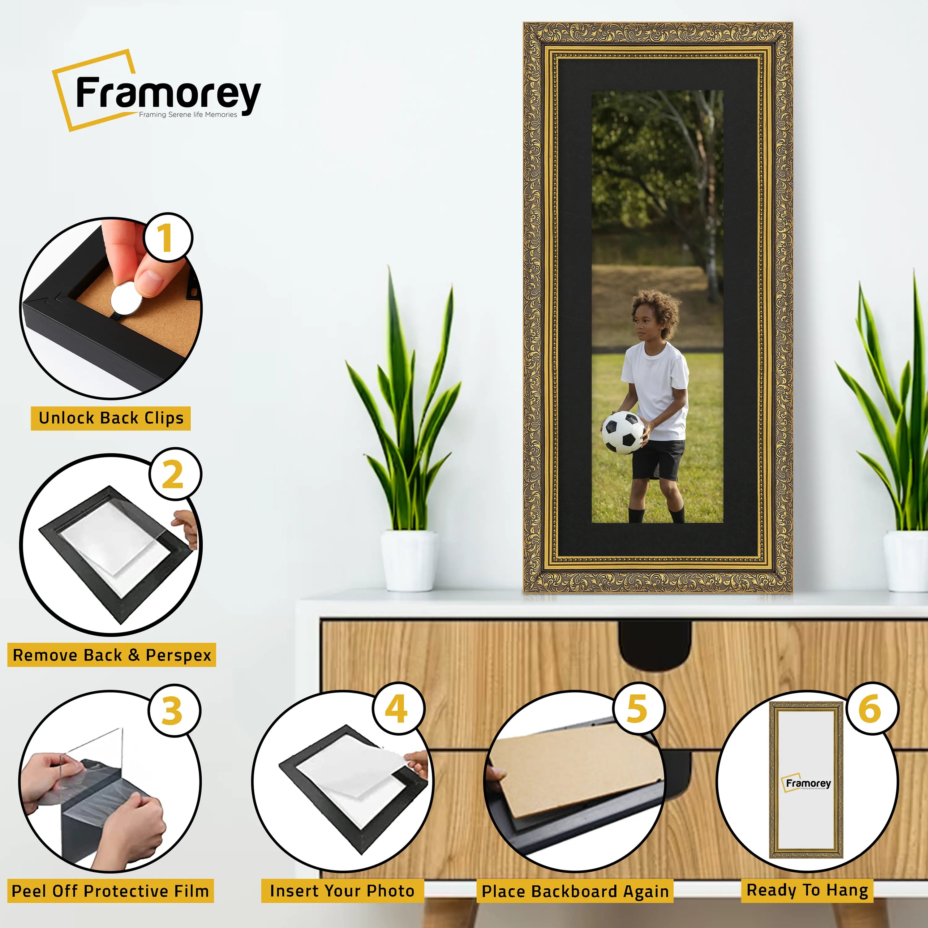 Panorama Gold Photo Frame Dahlia Wall Art Hanging With Black Mount