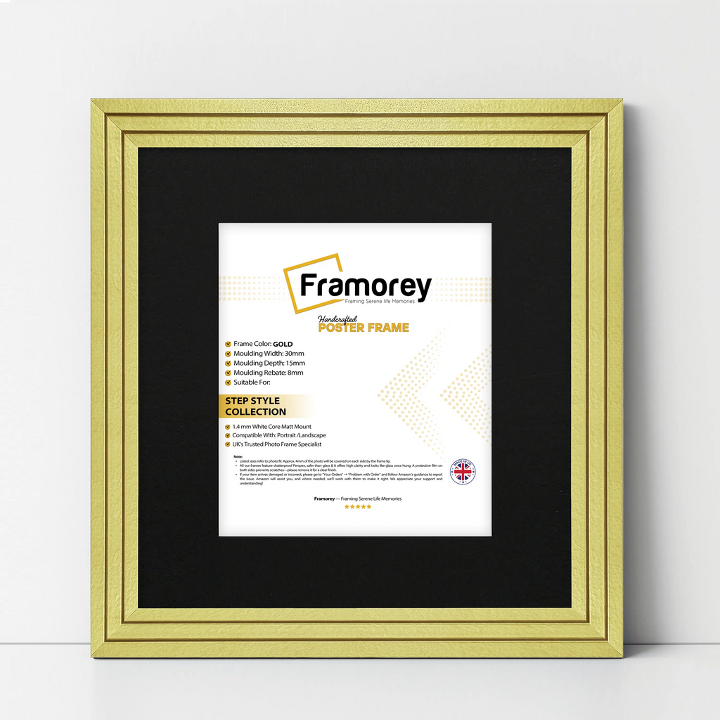 Step Style Square Size Gold Picture Frame With Black Mount