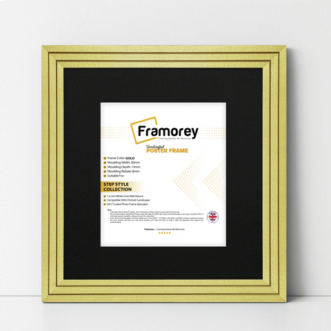 Step Style Square Size Gold Picture Frame With Black Mount