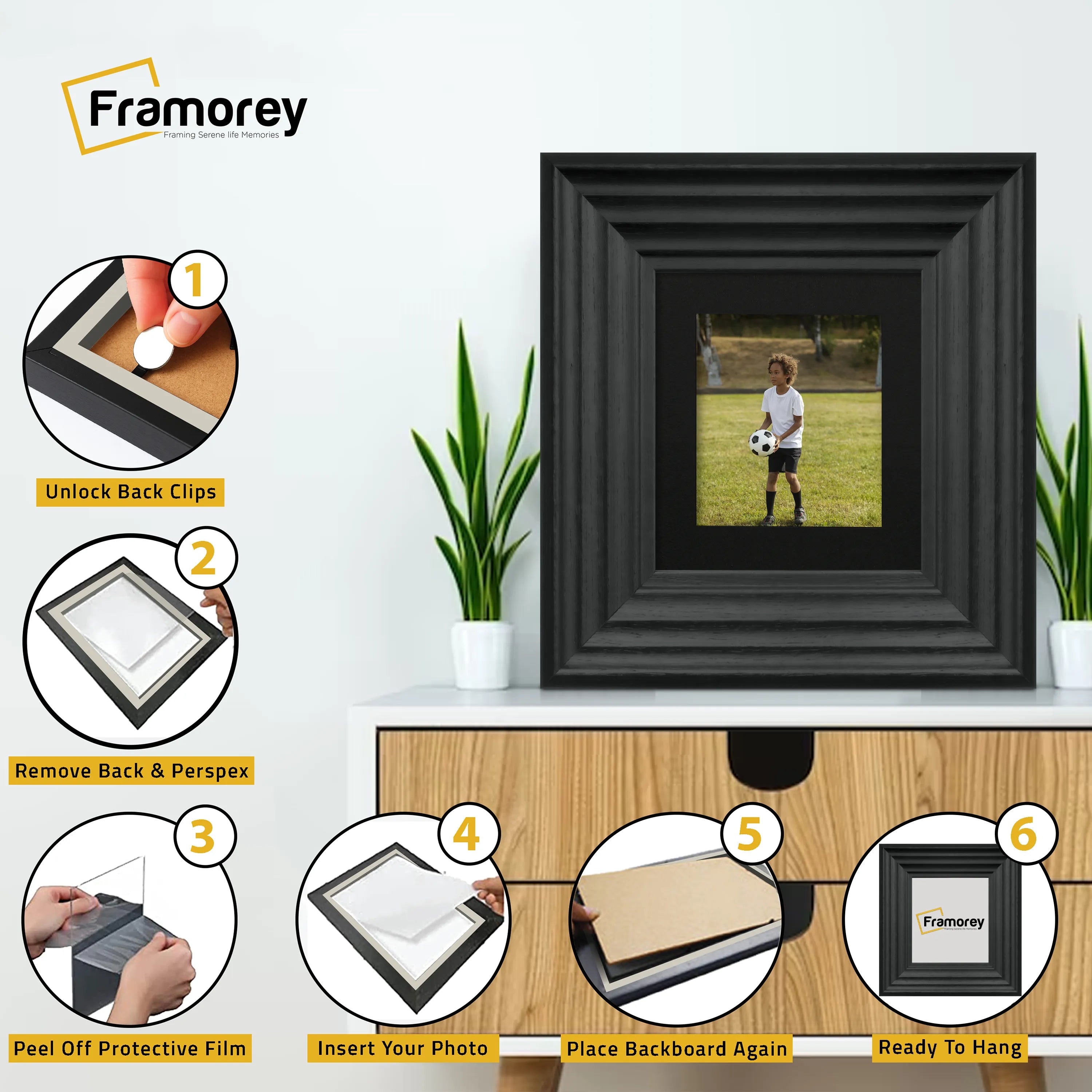 Square Black Wooden Picture Frame Big Step Style with Black Mount