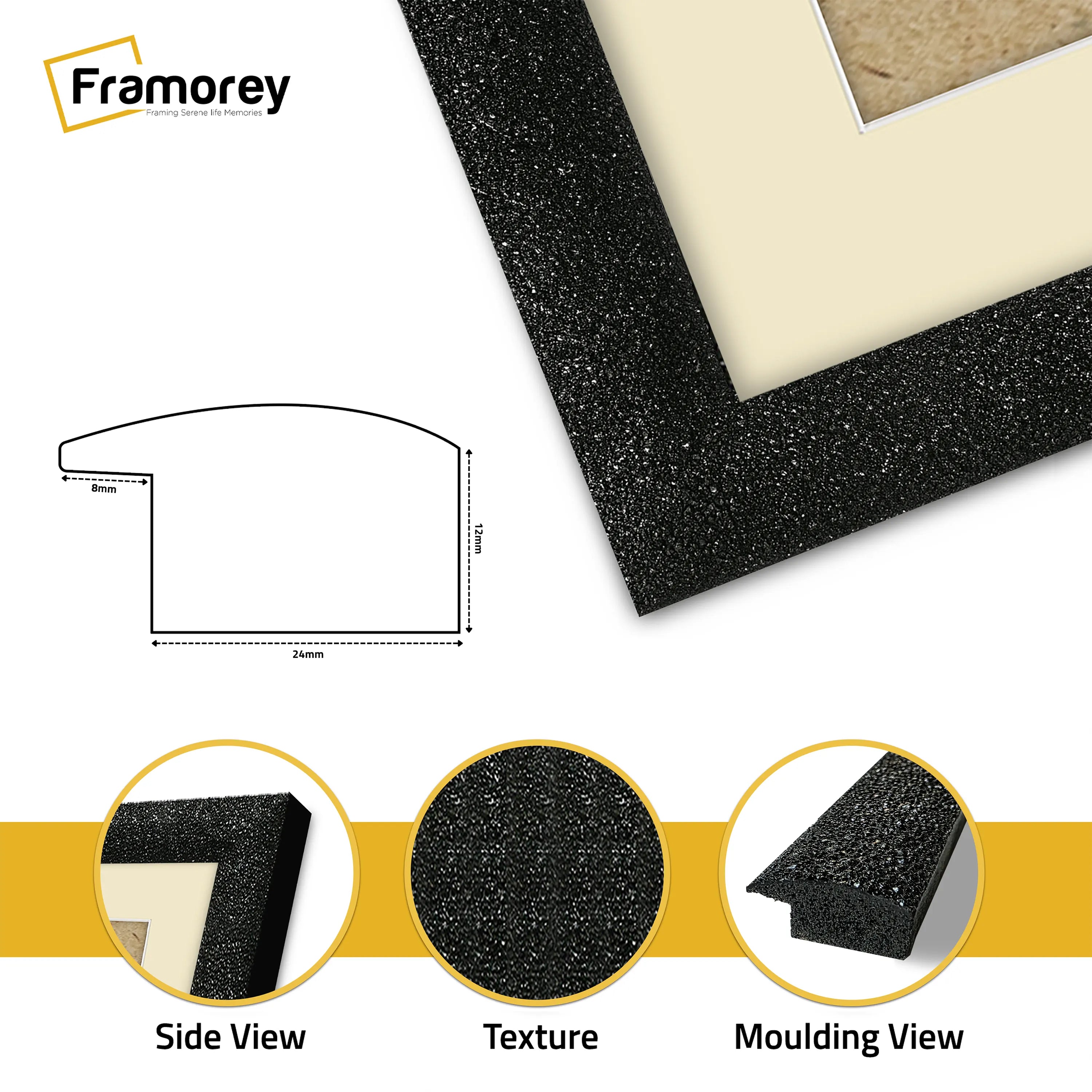 Panoramic Size Glitter Sparkle Black Photo Frames With Ivory Mount