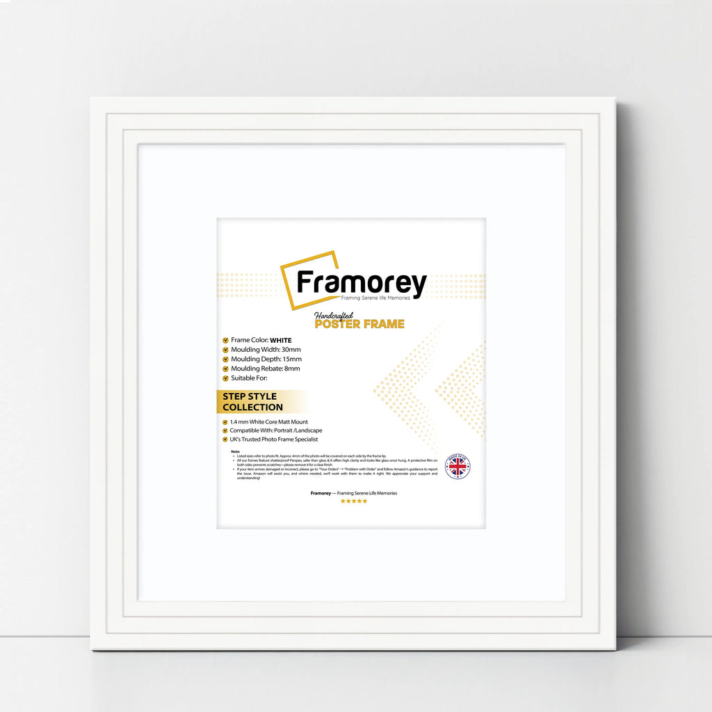 Step Style Square Size White Picture Frame With White Mount