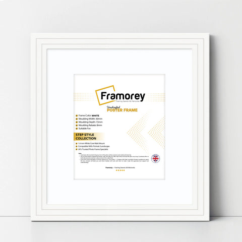 Step Style Square Size White Picture Frame With White Mount