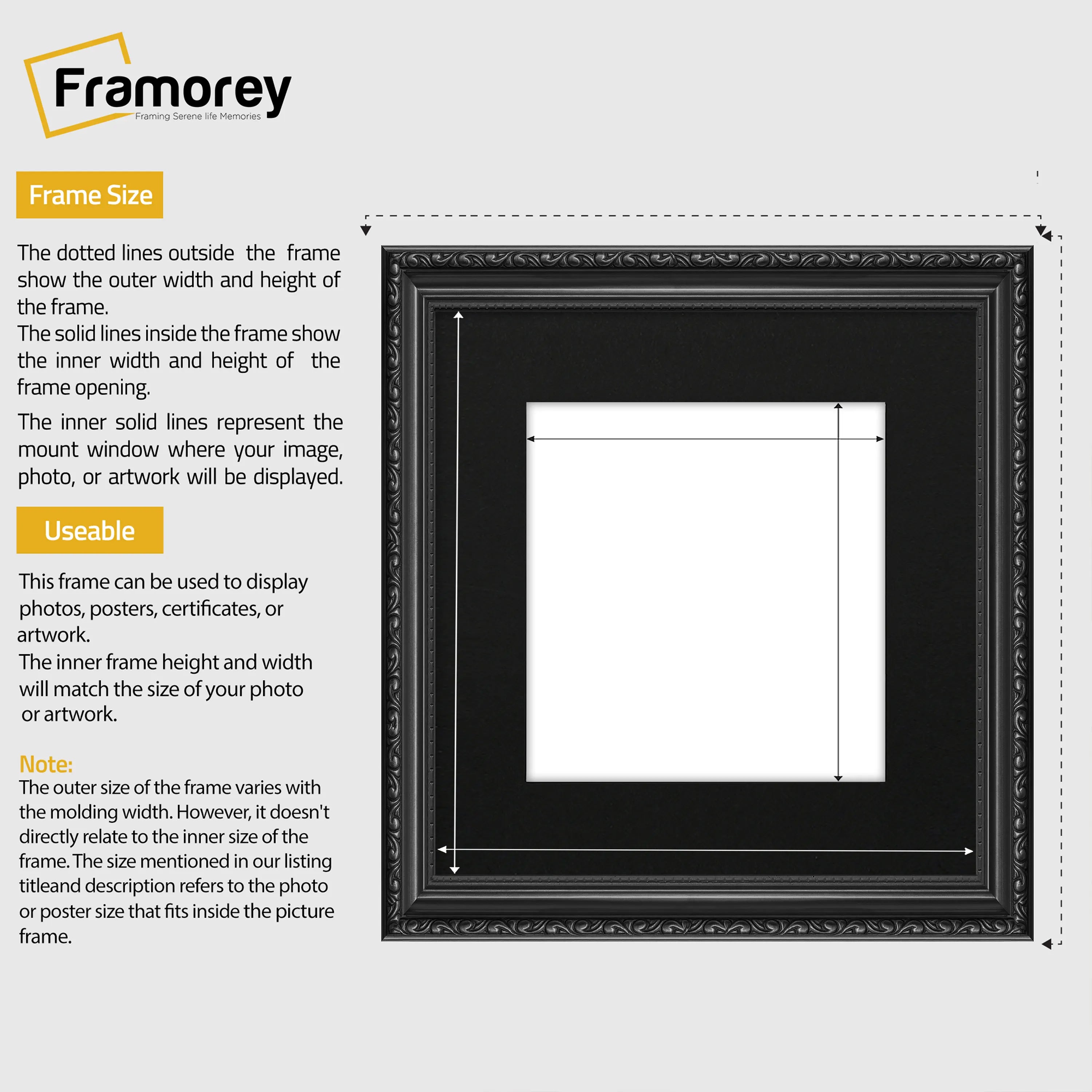 Square Size Black Shabby Picture Frame With Black Mount