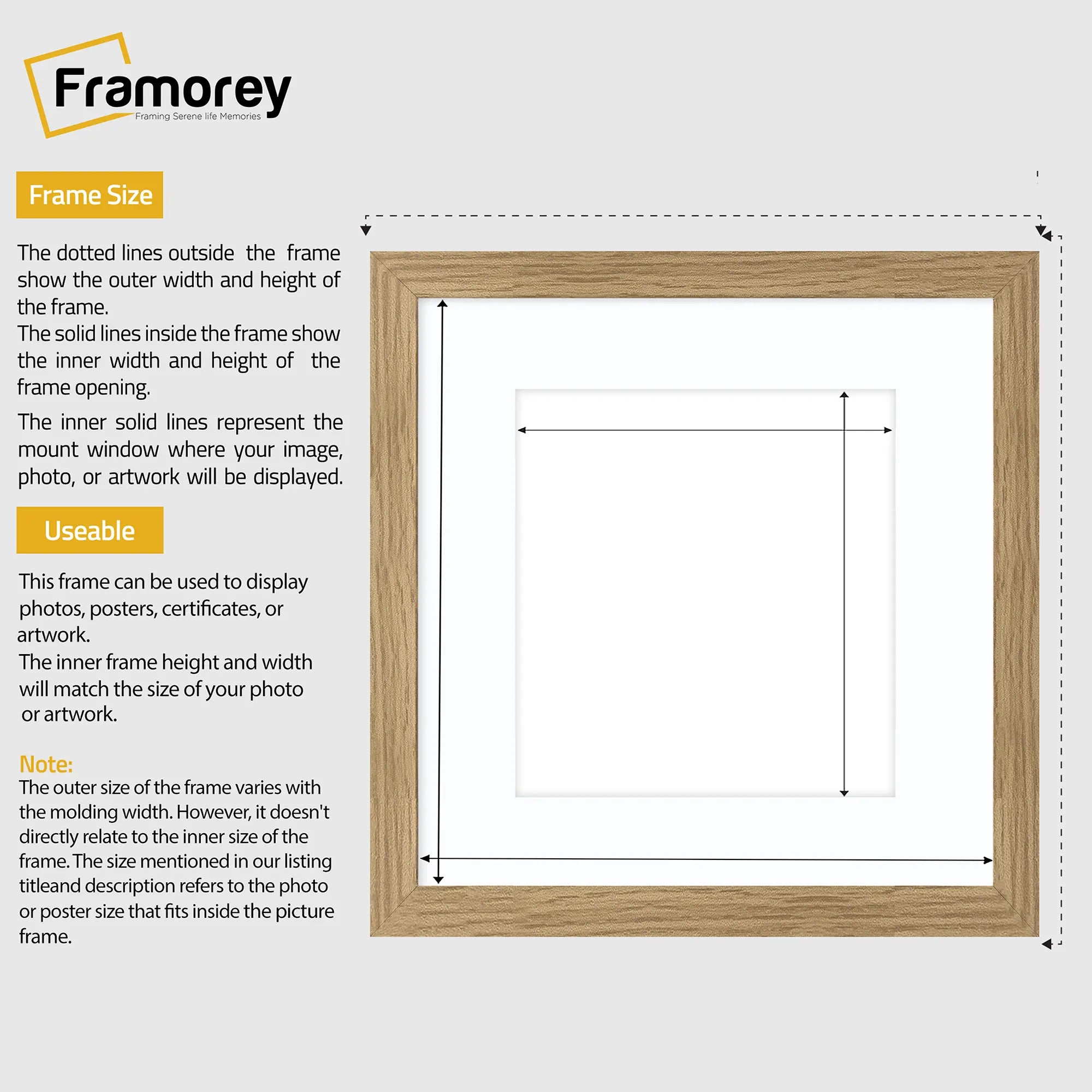 Flat Square Size Oak Picture Photo Frame Wall Art Poster Frame With White Mount
