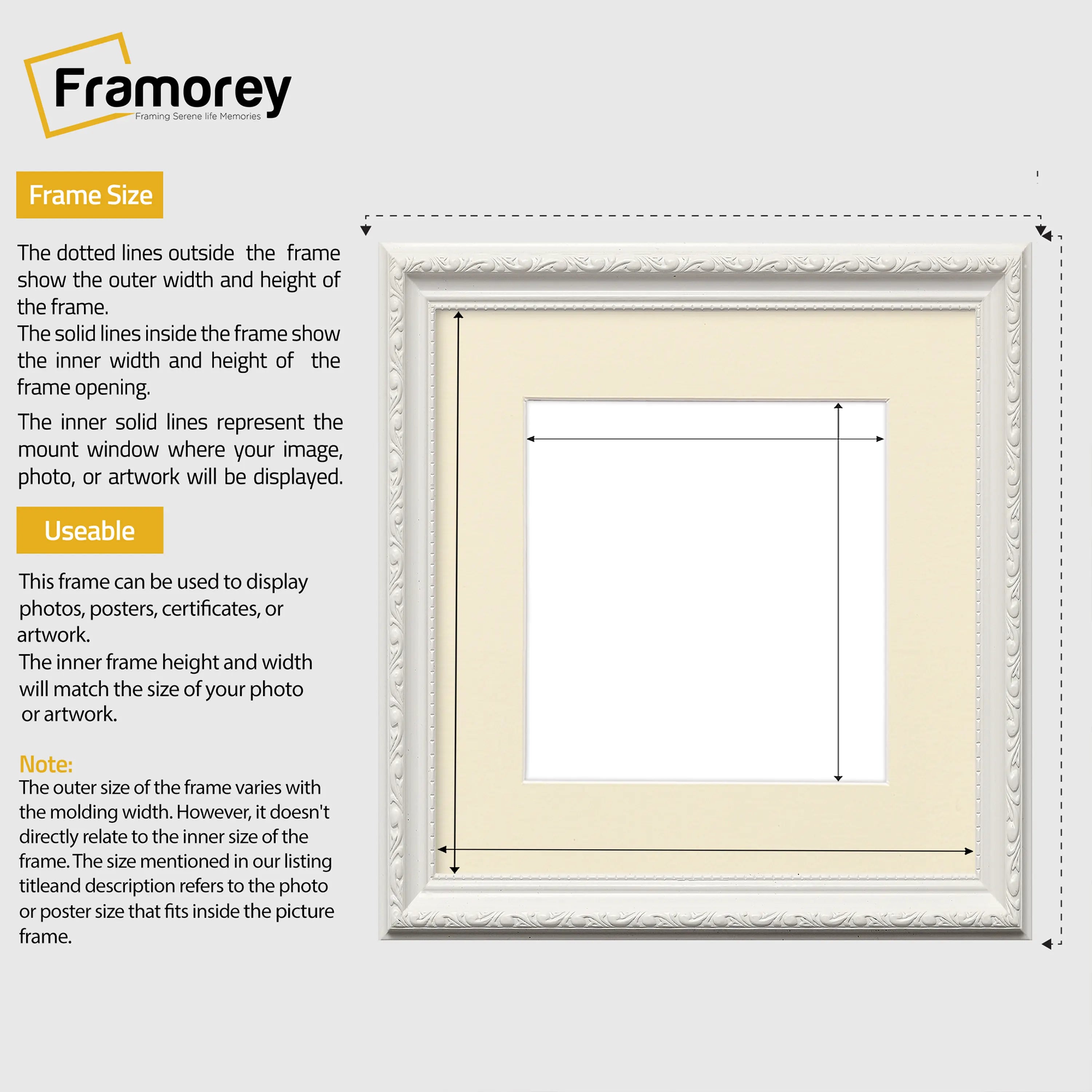 Square Size White Shabby Picture Frame With Ivory Mount