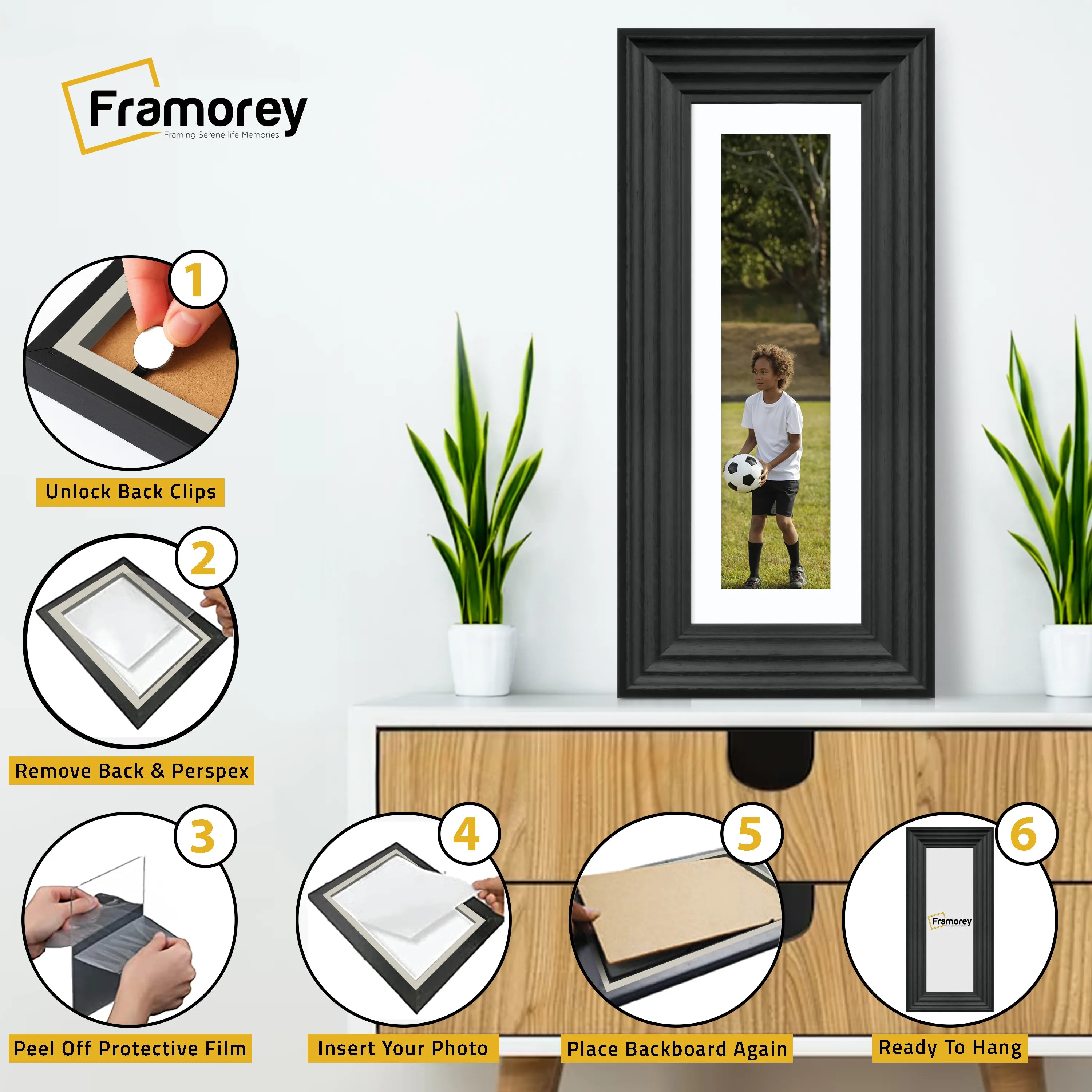Panoramic Black Wooden Picture Frame Big Step Style, With White Mount