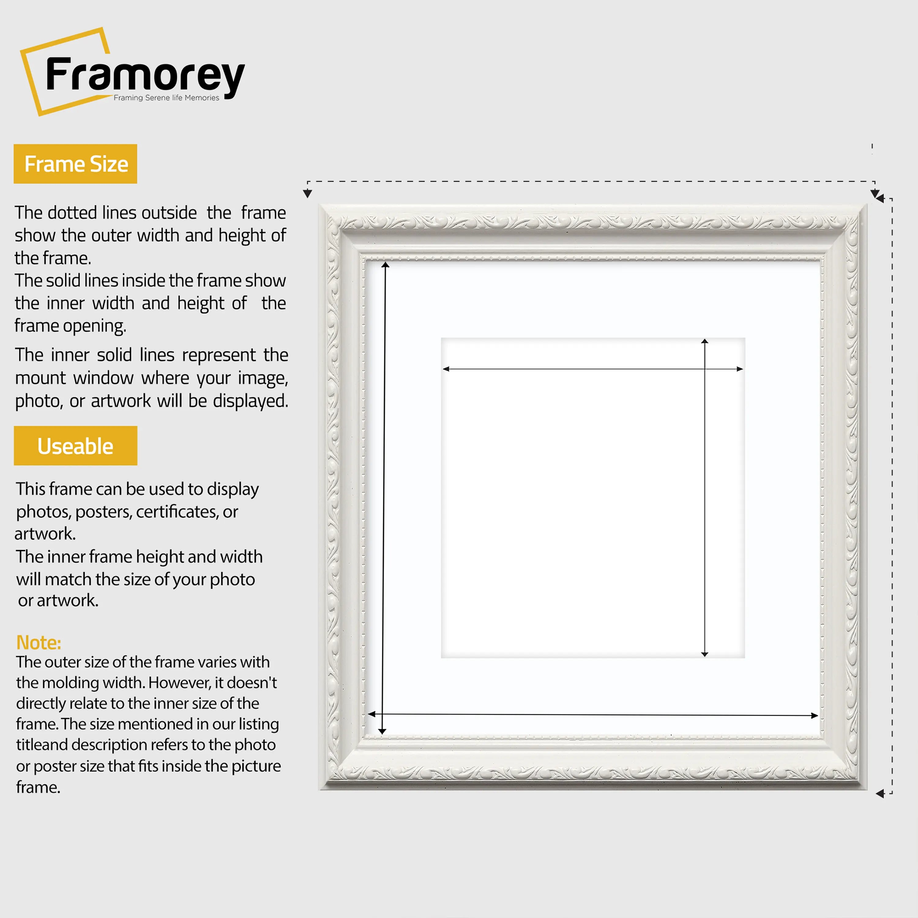 Square Size White Shabby Picture Frame With White Mount