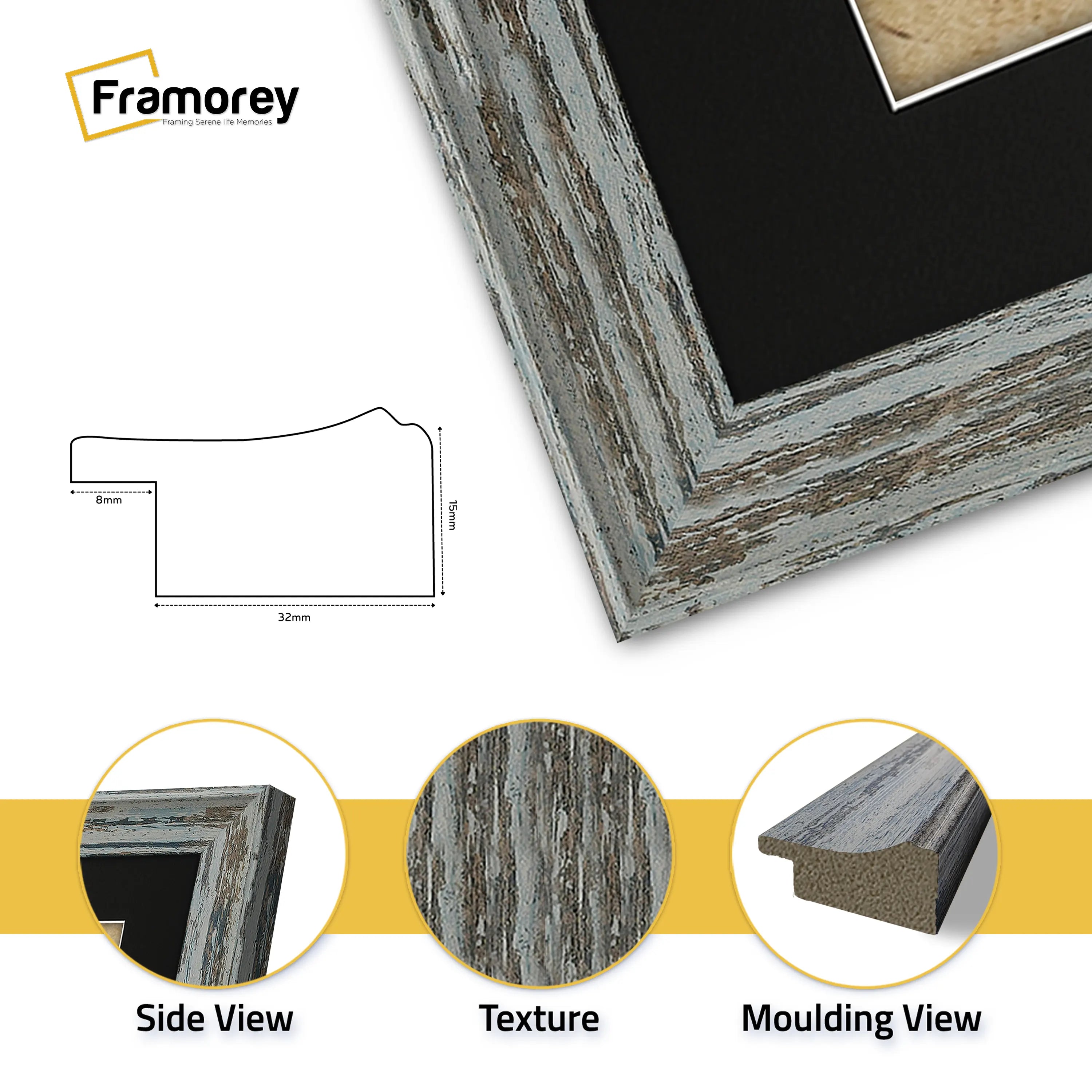 Panoramic Vintage Distressed Blue Photo Frames With Black Mount