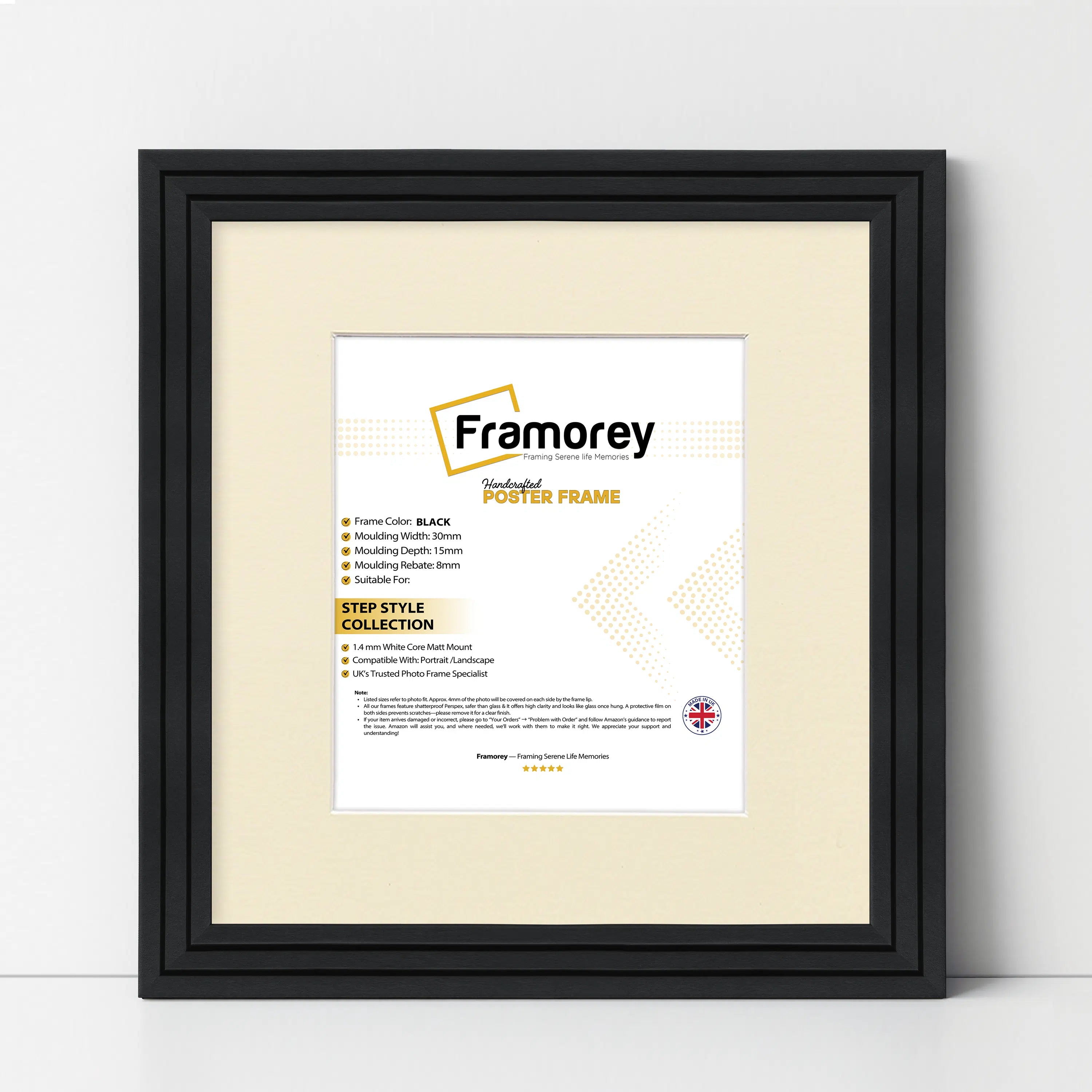 Step Style Square Size Black Picture Frame With Ivory Mount