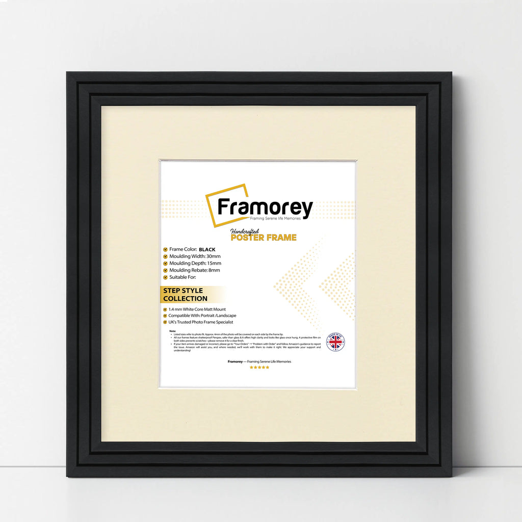 Step Style Square Size Black Picture Frame With Ivory Mount