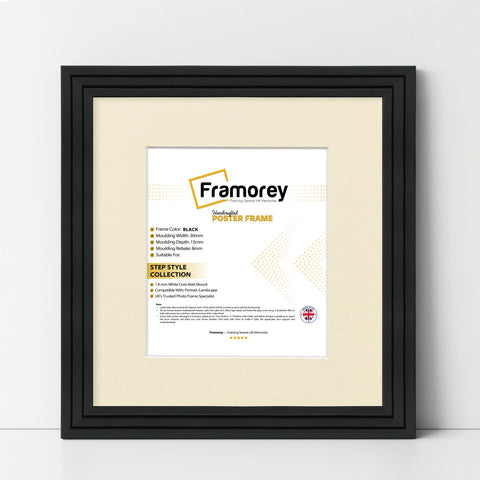 Step Style Square Size Black Picture Frame With Ivory Mount