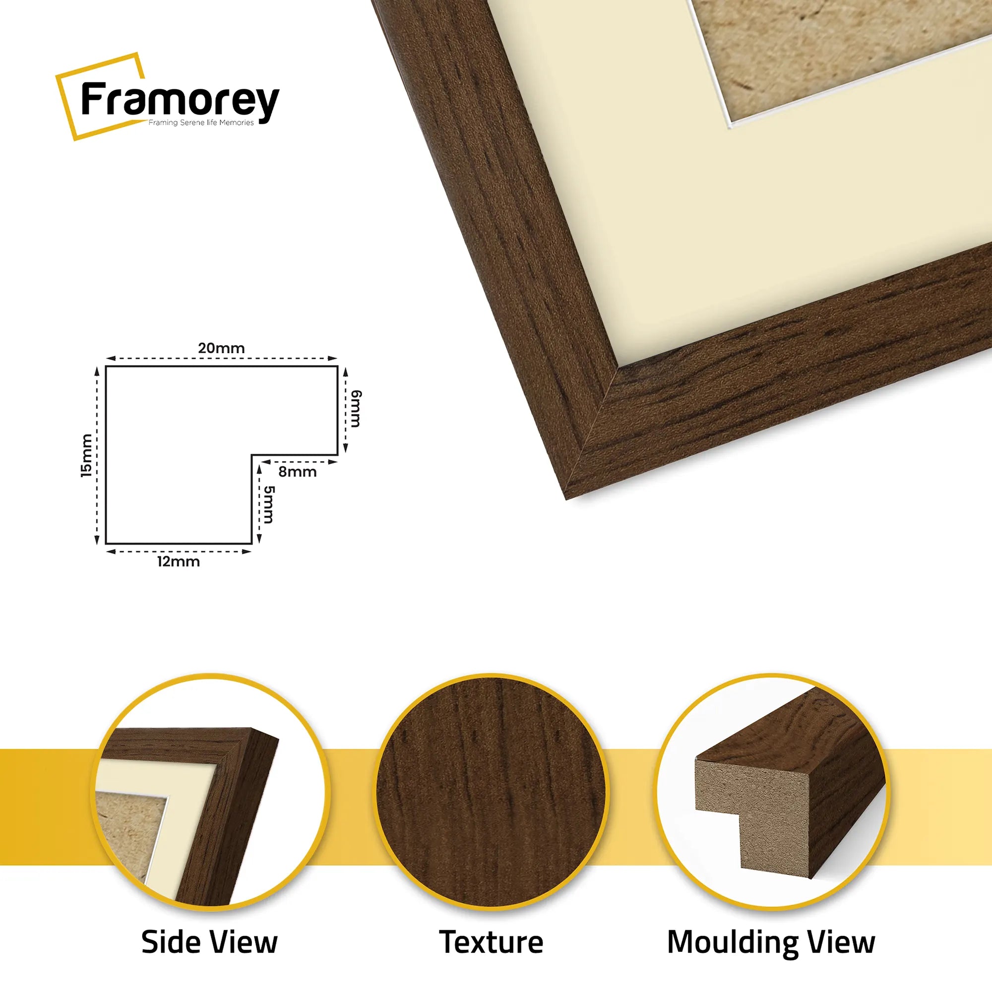 Square Size Walnut Thin Matt Picture Frames With Ivory Mount