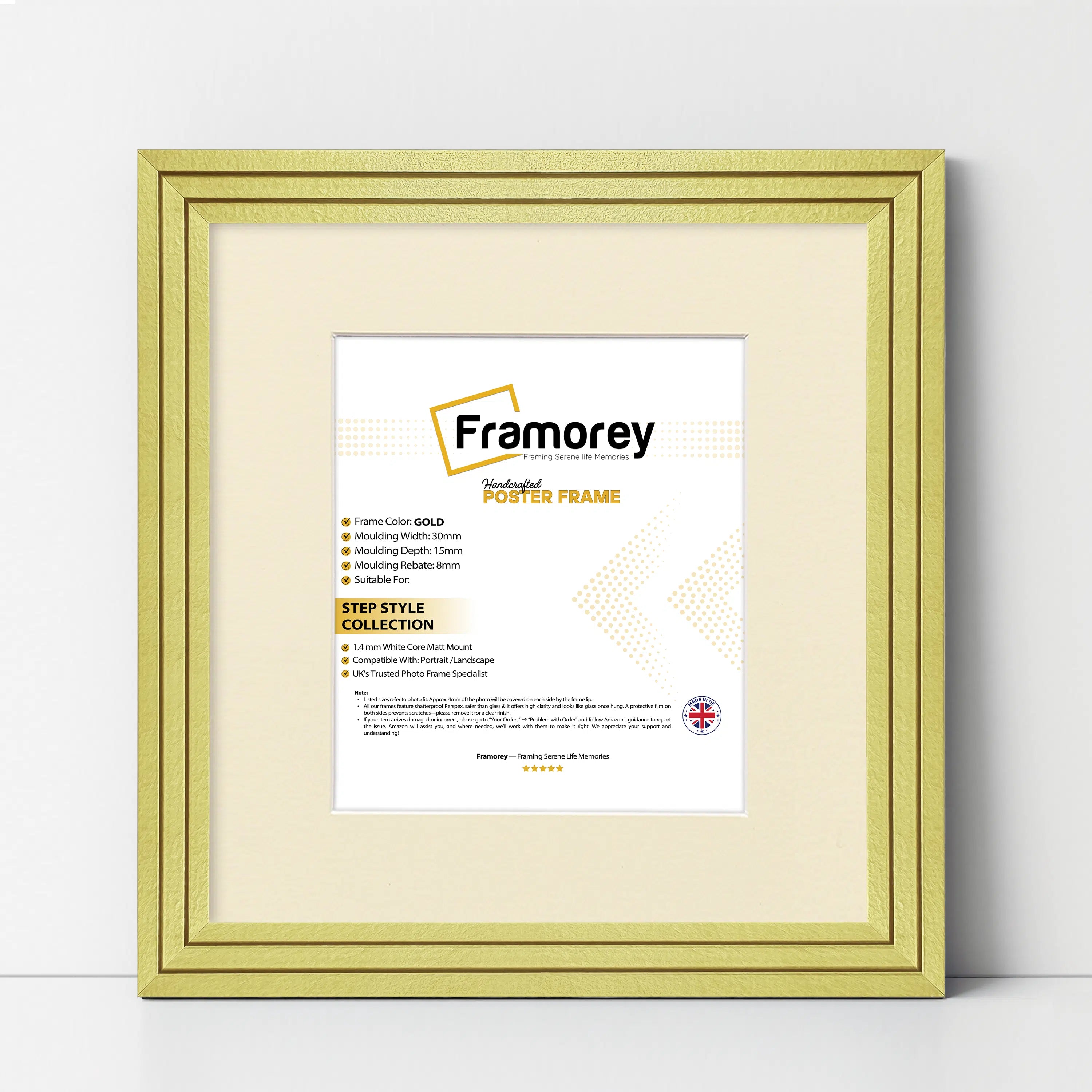 Step Style Square Size Gold Picture Frame With Ivory Mount