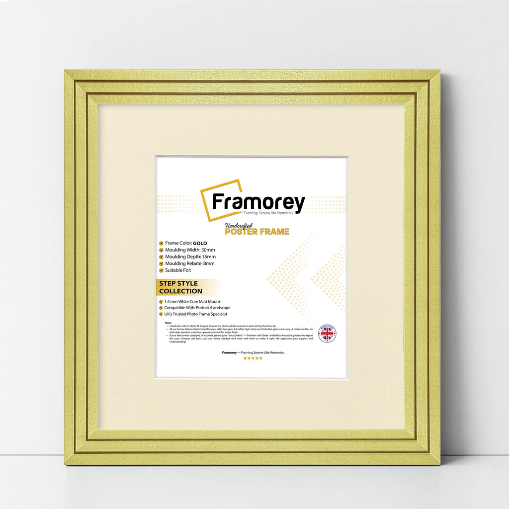 Step Style Square Size Gold Picture Frame With Ivory Mount