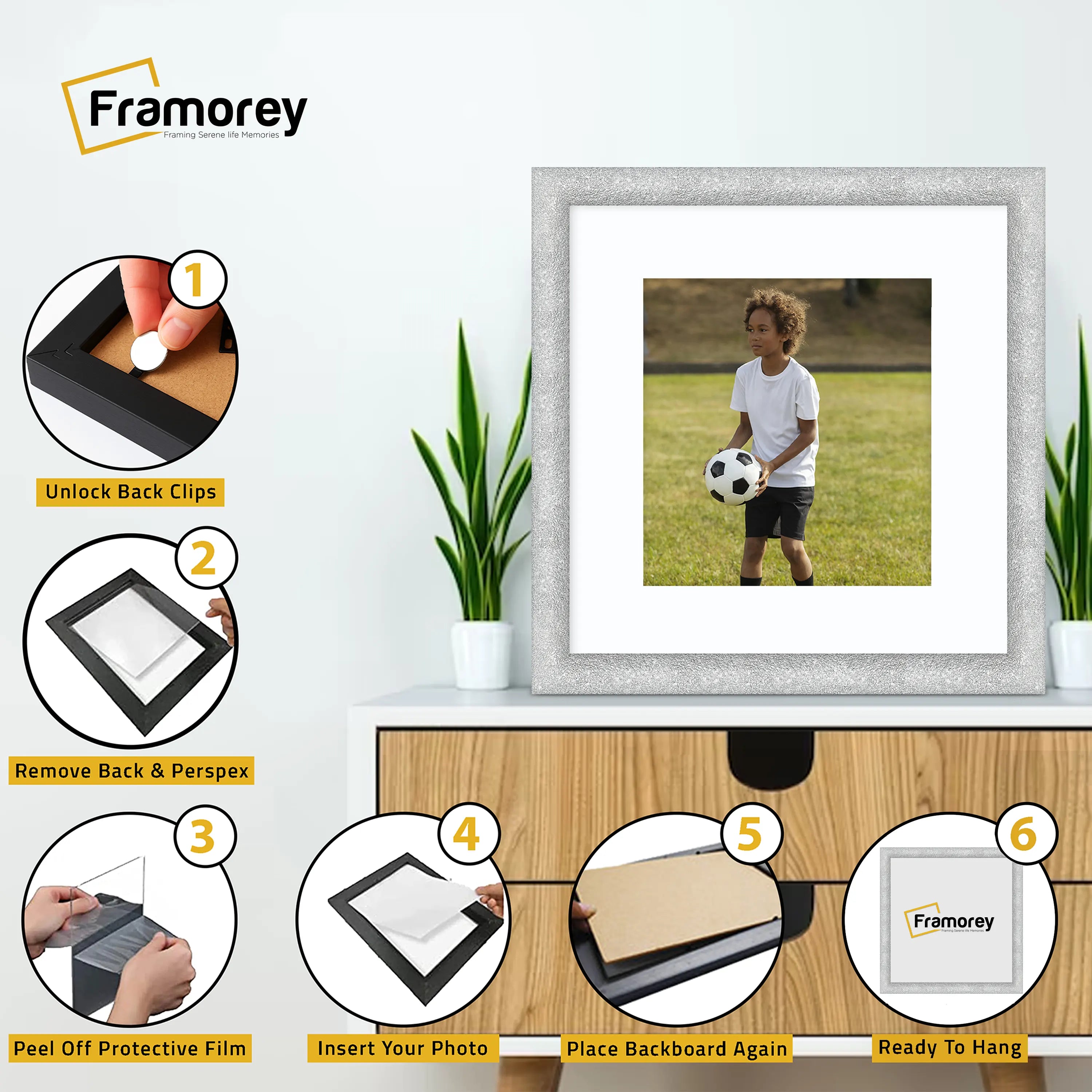 Square Picture Frame Silver Glitter Sparkle Photo Frames With White Mount