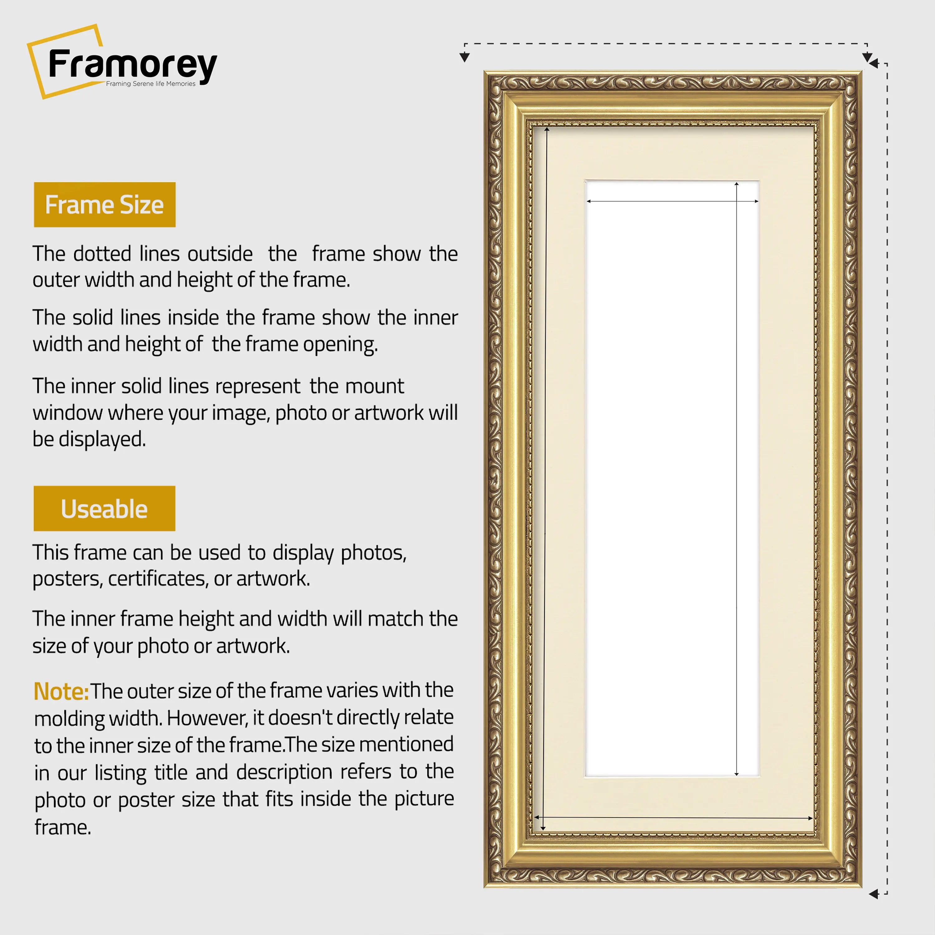 Panoramic Size Gold Picture Frame Shabby Wall Frames With Ivory Mount