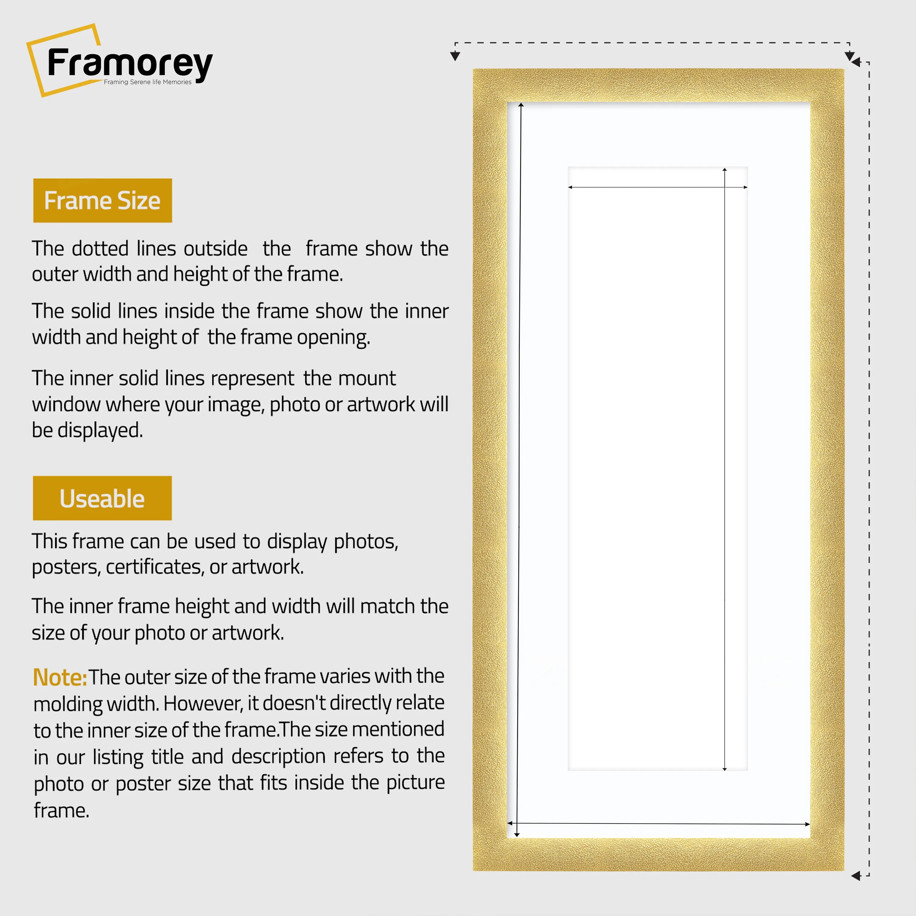 Panoramic Size Glitter Sparkle Gold Photo Frames With White Mount