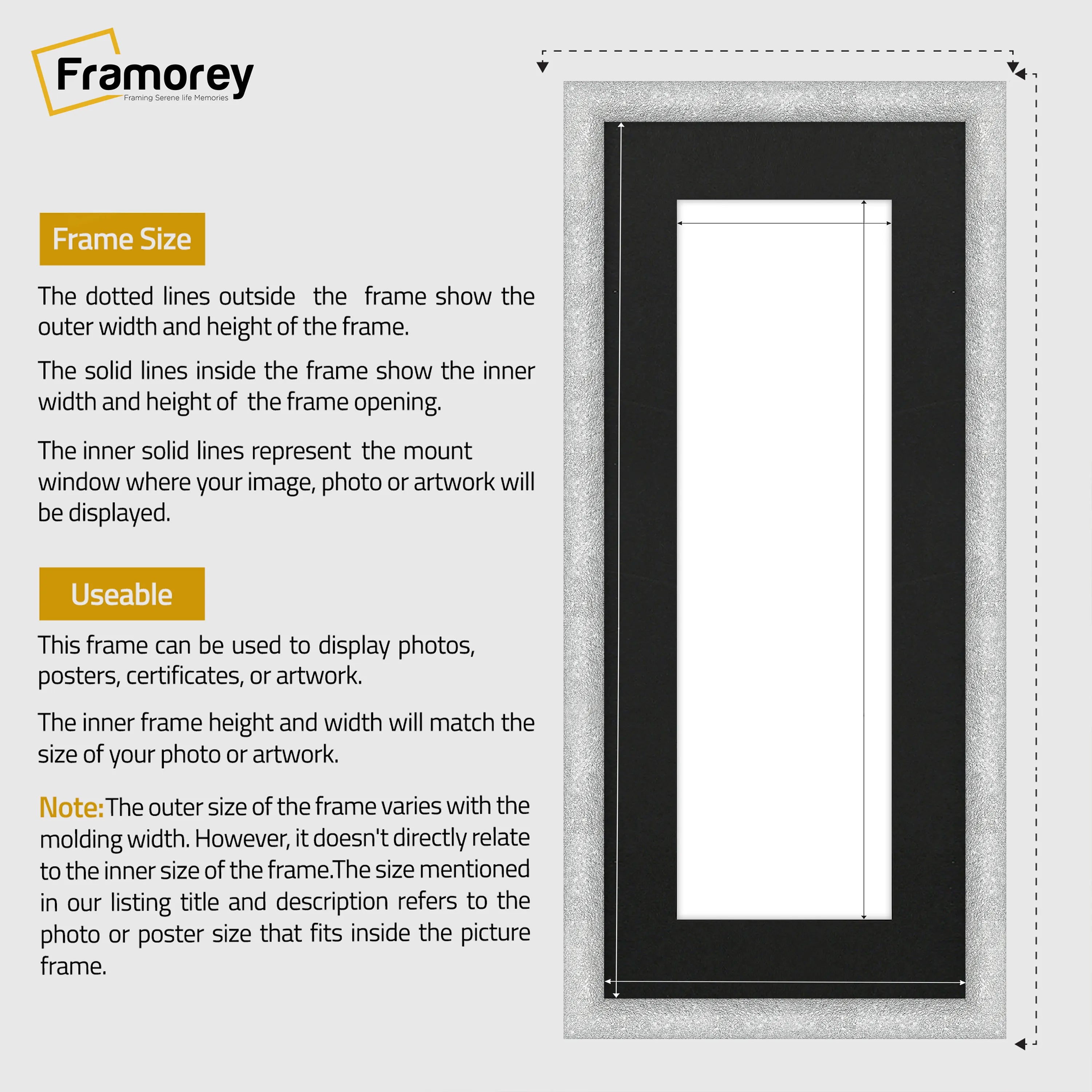 Panoramic Size Glitter Sparkle Silver Photo Frames With Black Mount
