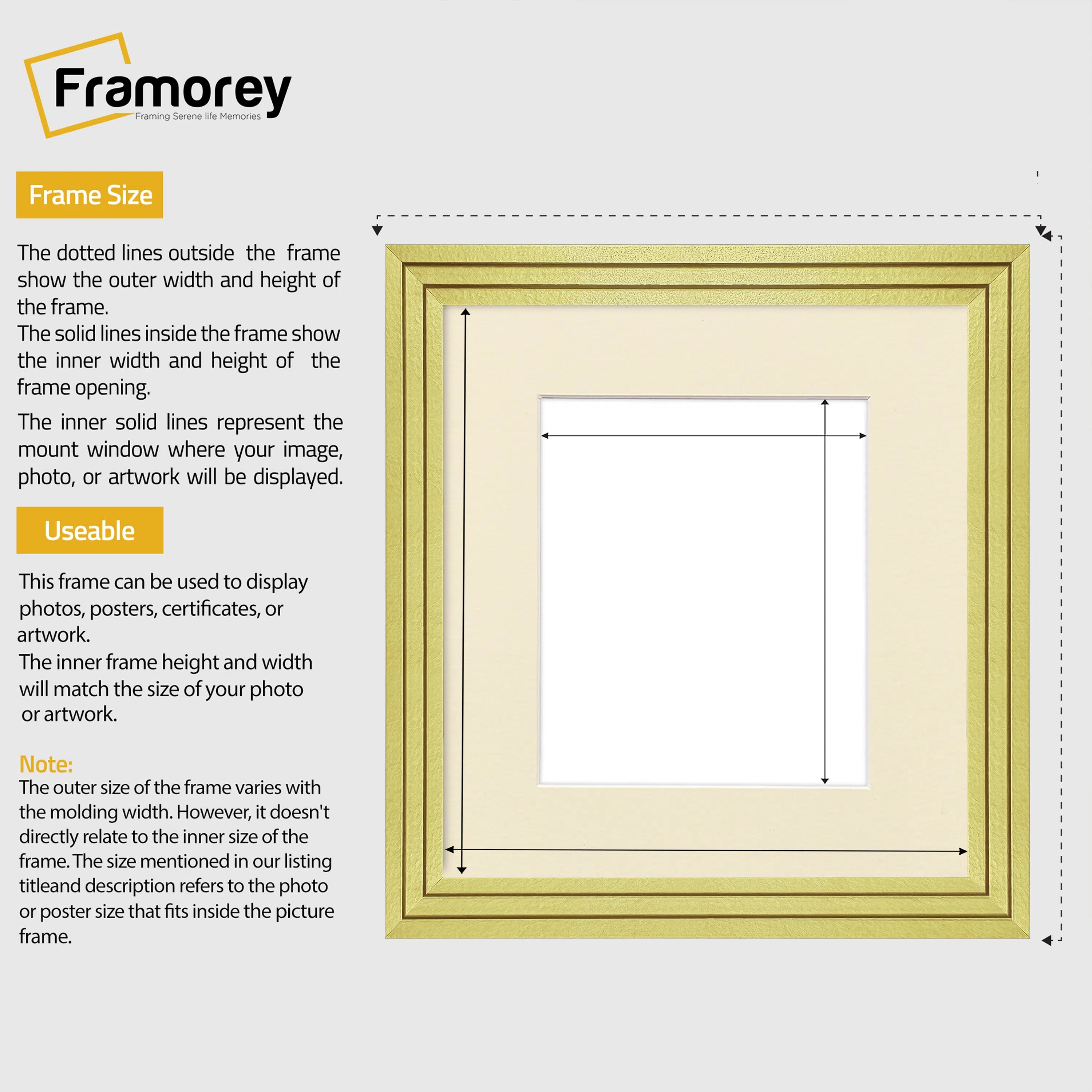 Step Style Square Size Gold Picture Frame With Ivory Mount