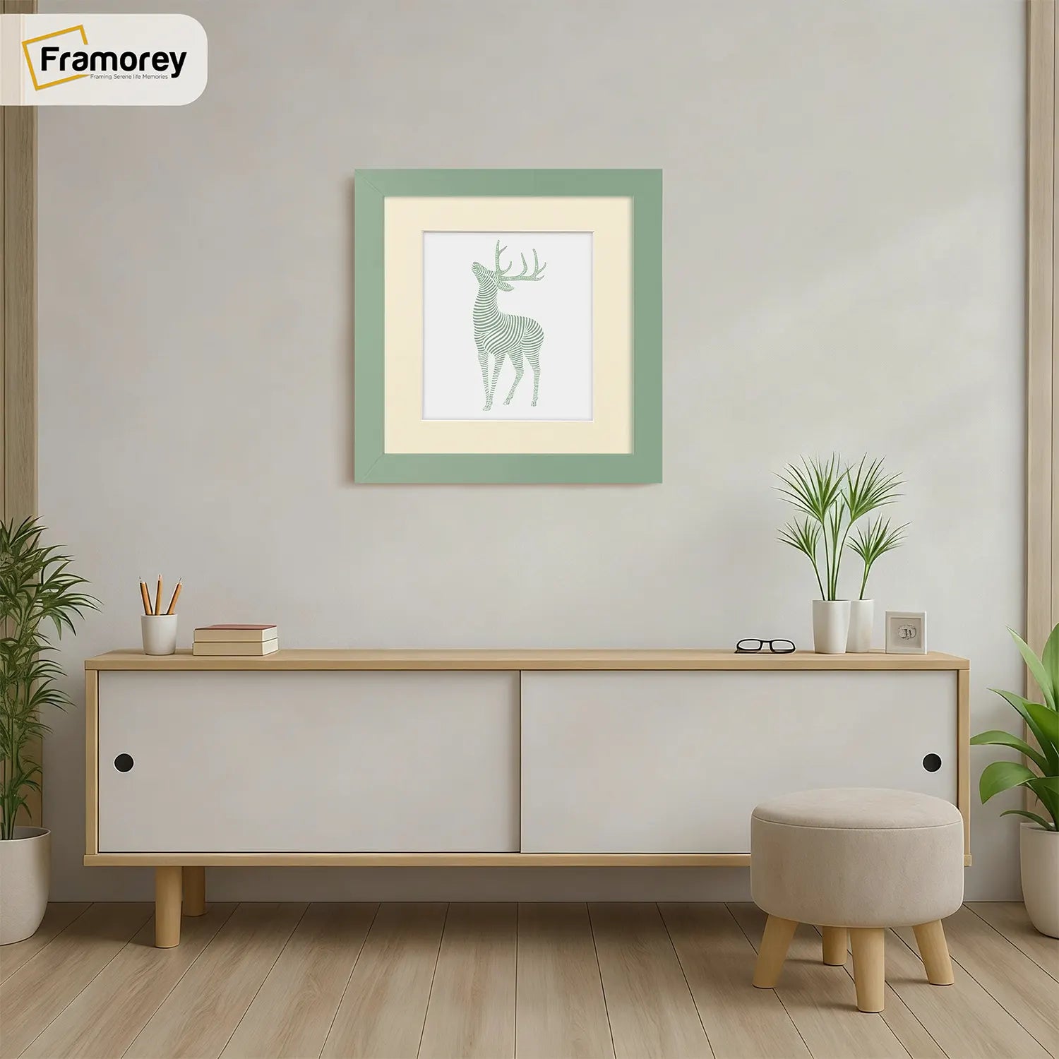 Square Size Green Picture Frame With Ivory Mount