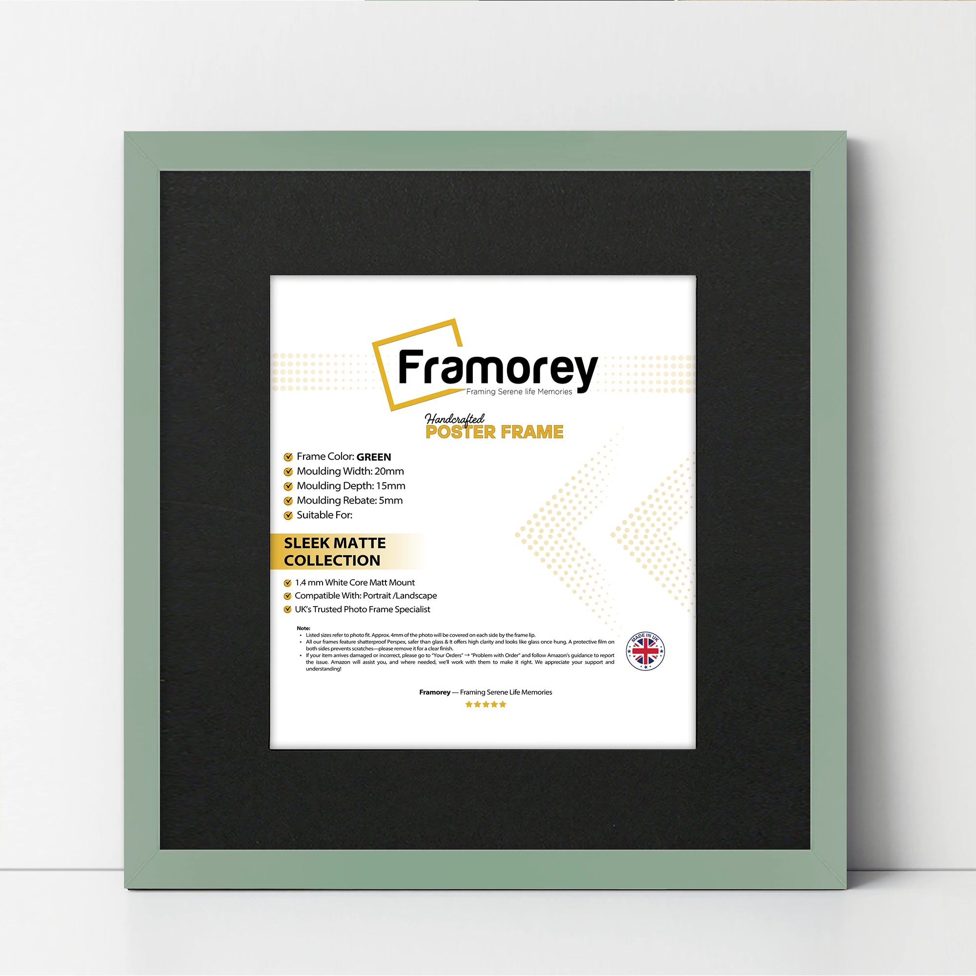 Square Size Thin Matt Green Picture Frames With Black Mount