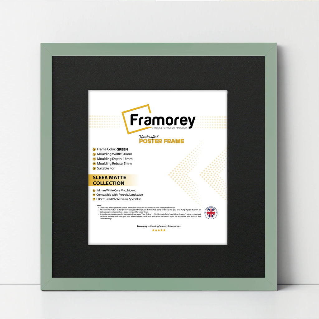 Square Size Thin Matt Green Picture Frames With Black Mount