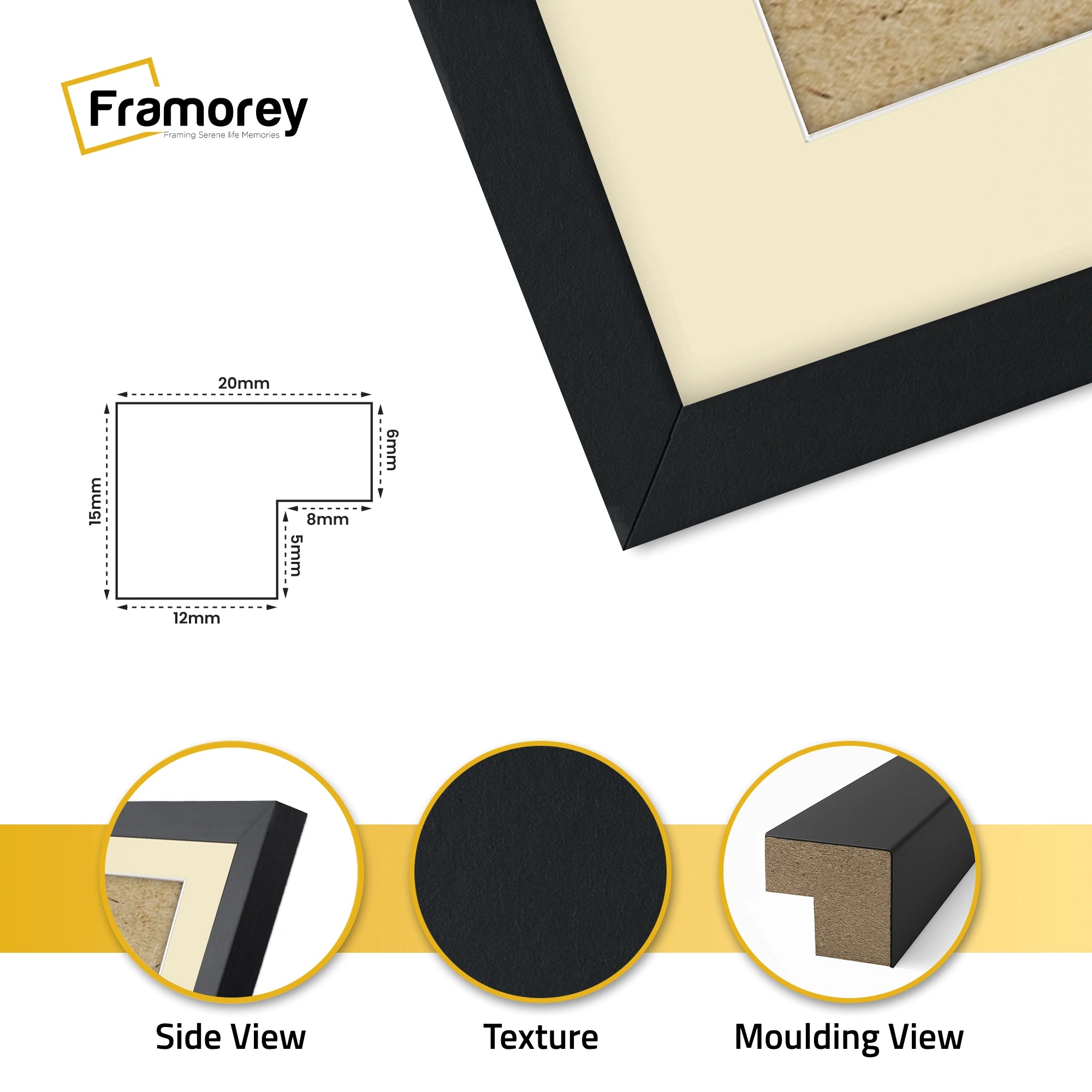 Square Size Thin Matt Black Picture Frames with Ivory Mount