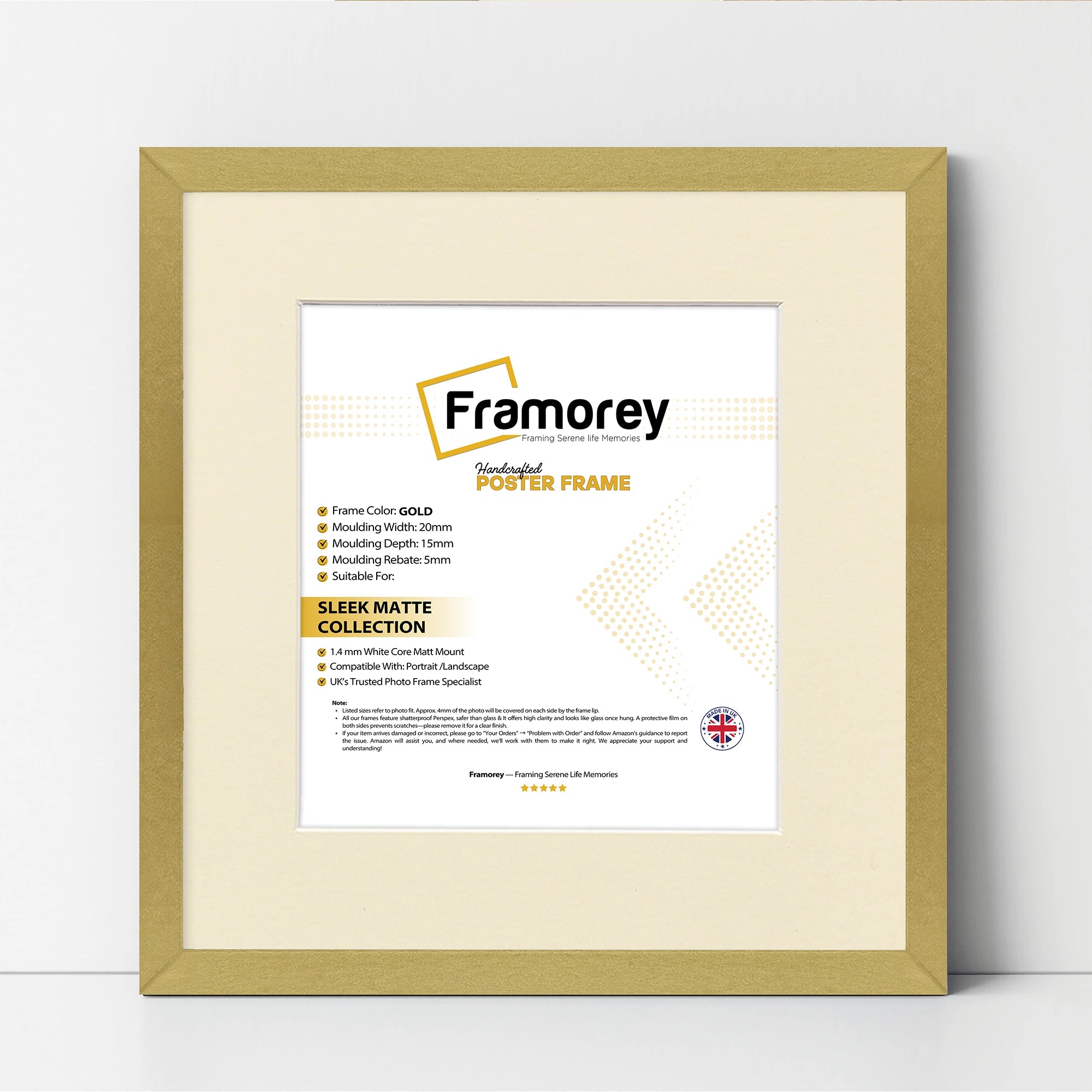 Square Size Thin Matt Gold Photo Frames With Ivory Mount
