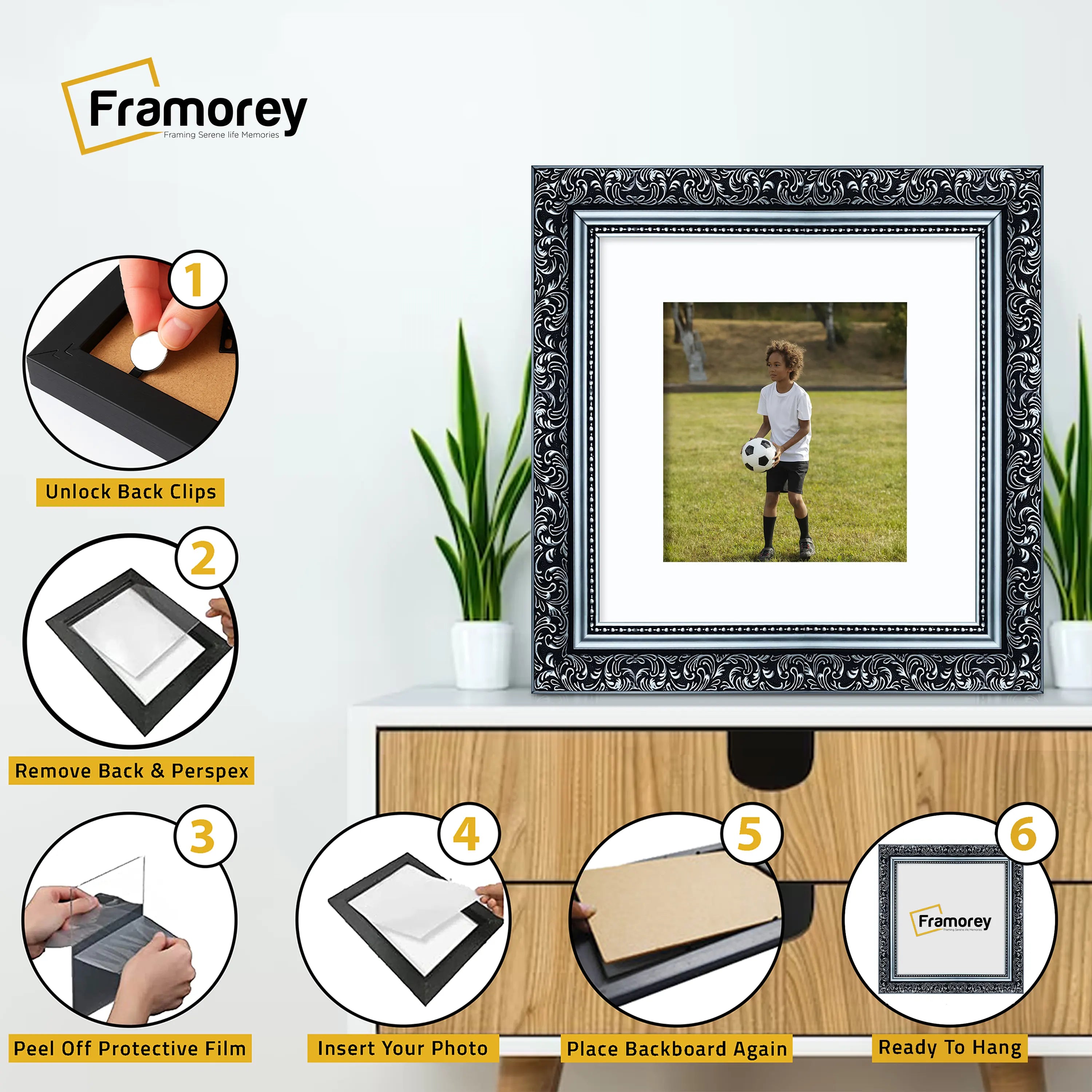 Square Silver Picture Frame Dahlia Wall Art Frame With White Mount