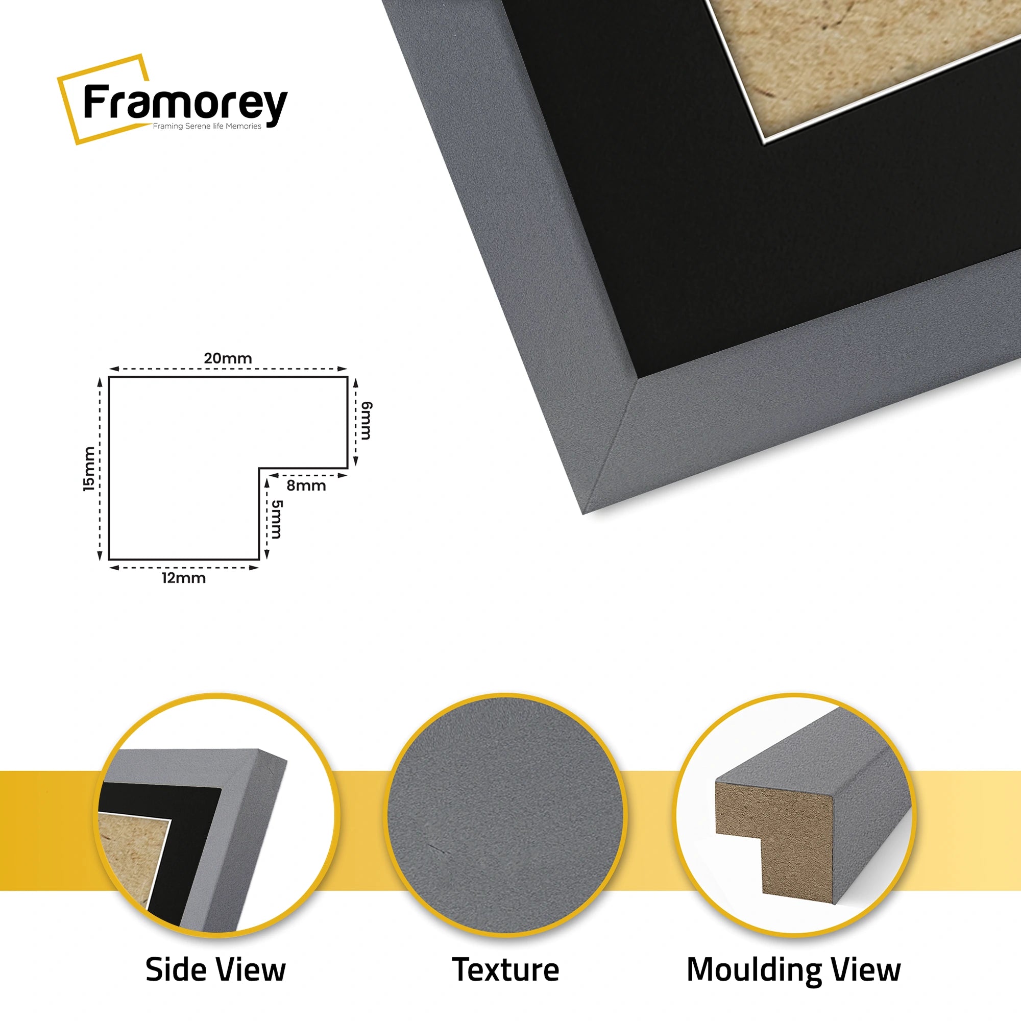 Square Size Dark Grey Thin Matt Picture Frames With Black Mount