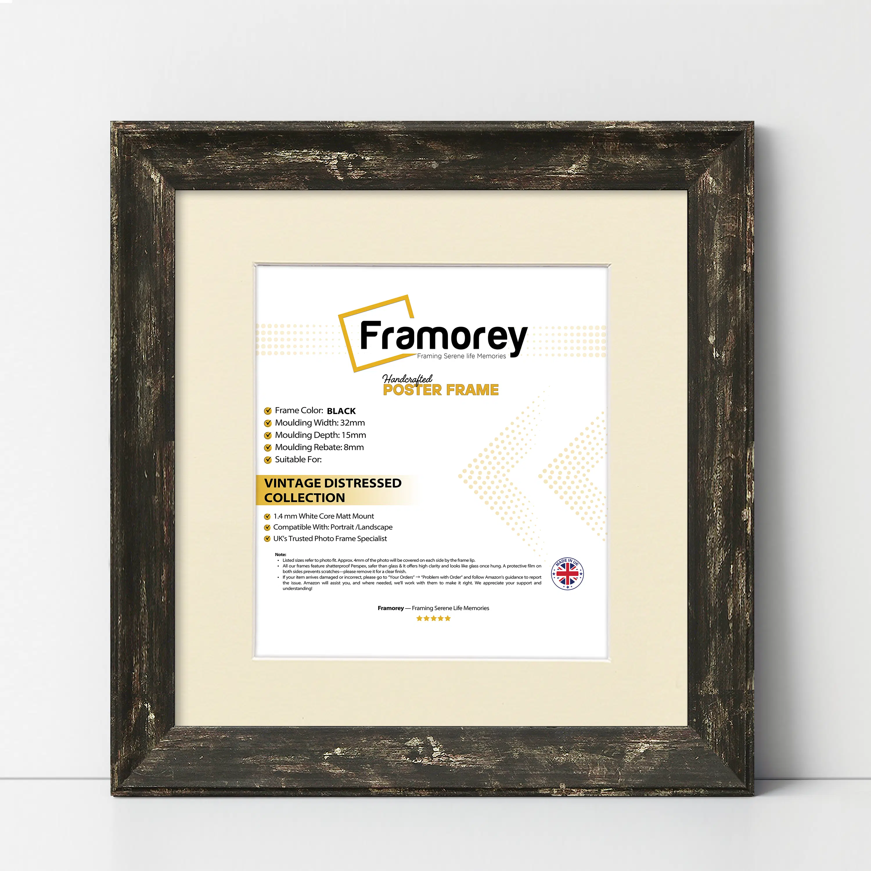 Square Size Black Picture Frame Vintage Distressed Photo Frames With Ivory Mount