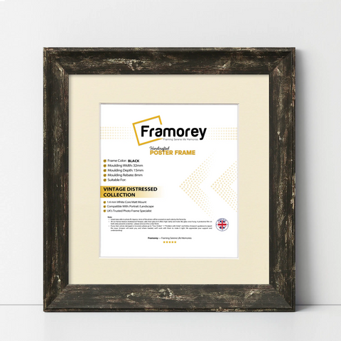 Square Size Black Picture Frame Vintage Distressed Photo Frames With Ivory Mount