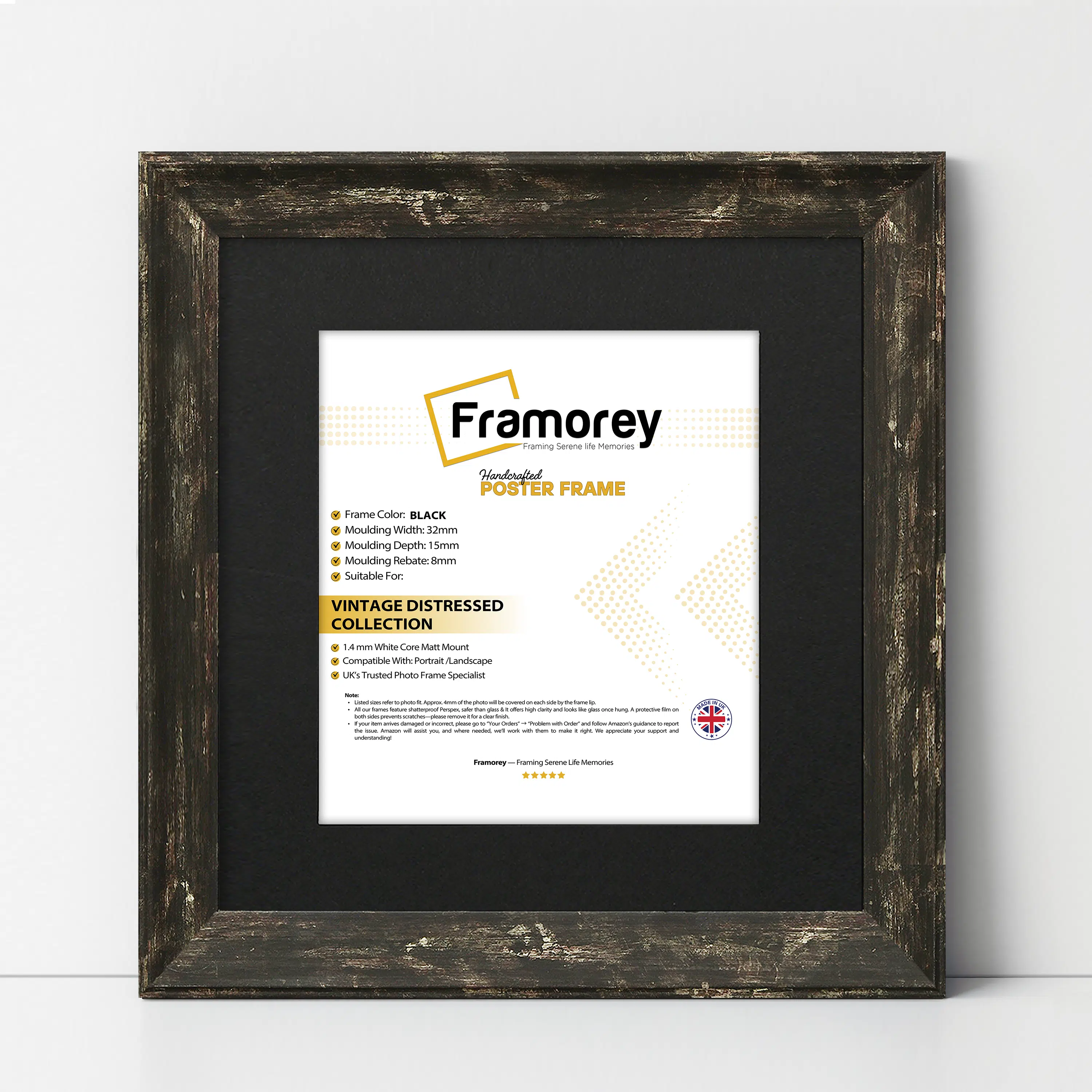 Square Black Picture Frame Vintage Distressed Photo Frames With Black Mount