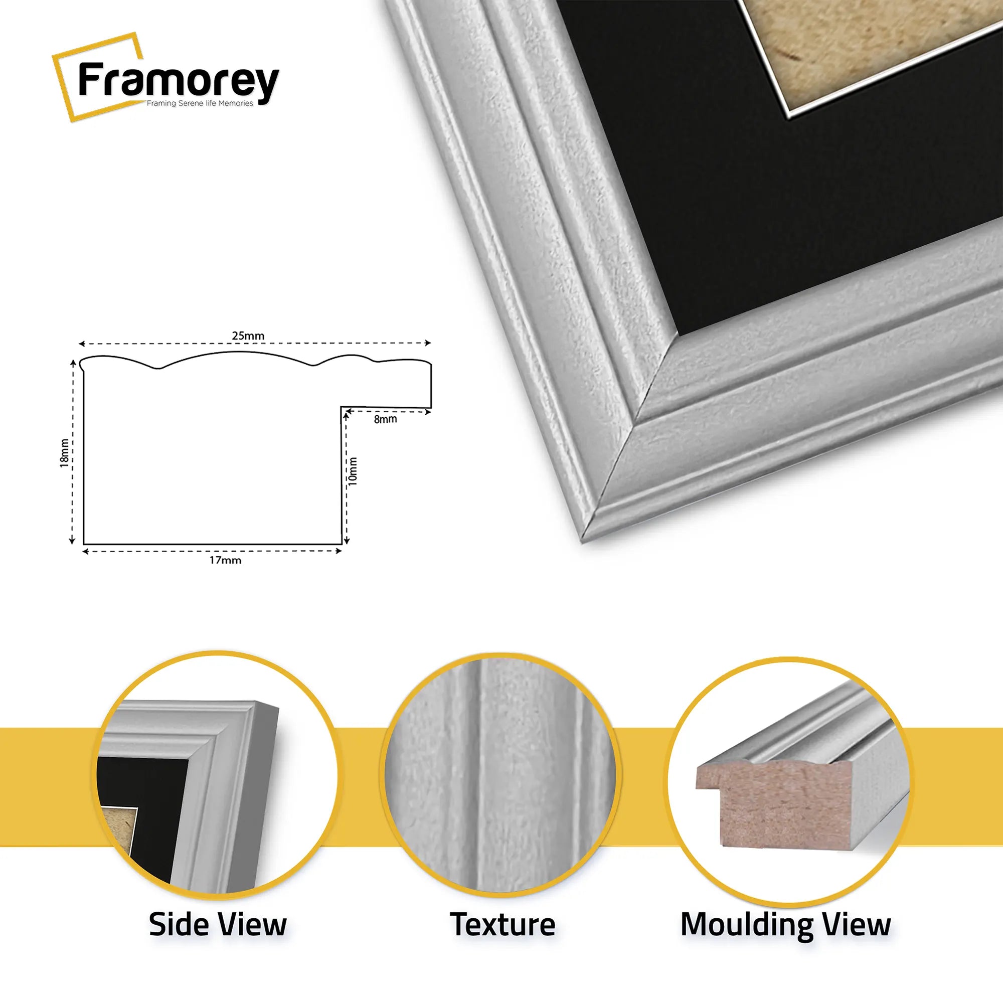 Antique Style Square Size Silver Picture Frame with Black Mount