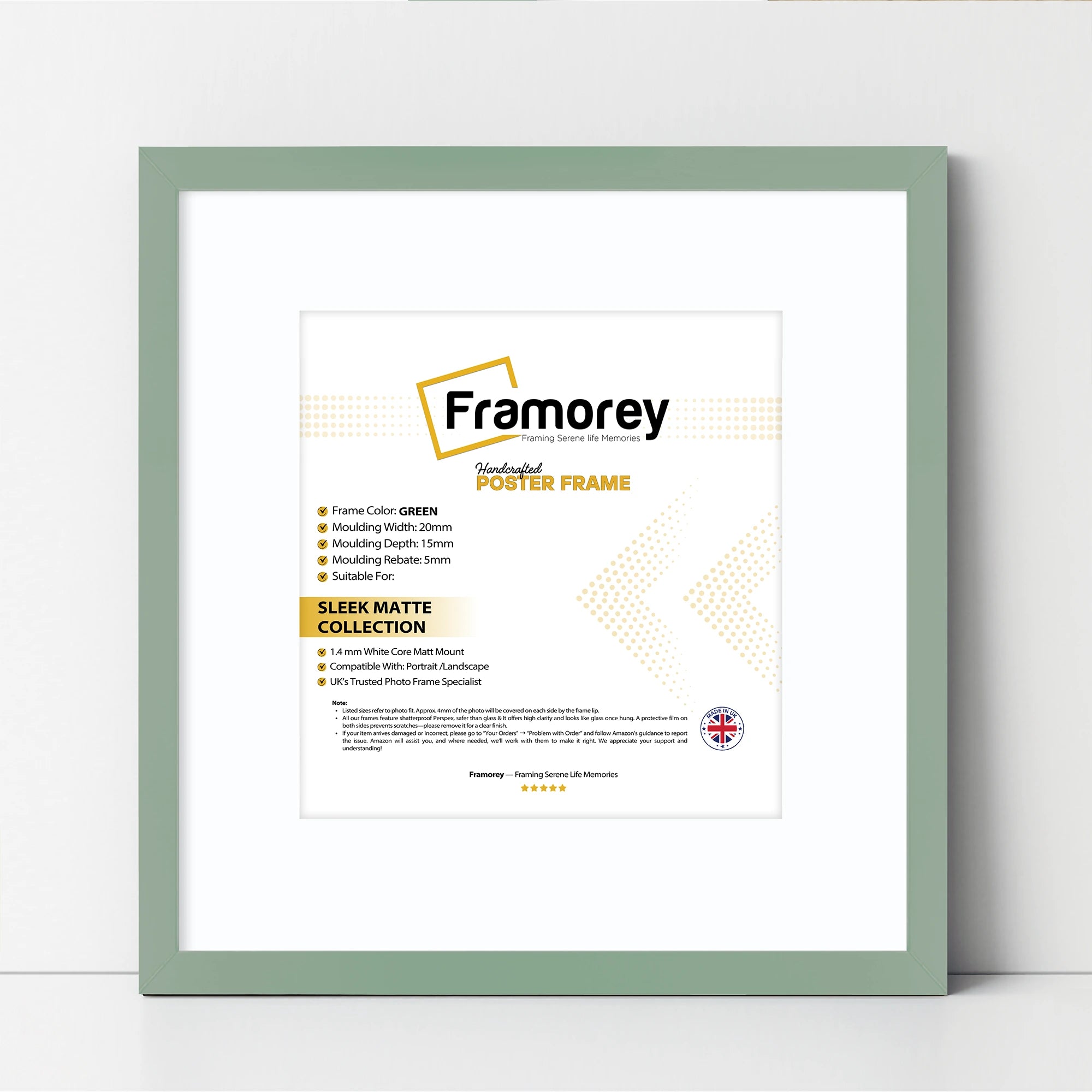 Square Size Thin Matt Green Picture Frames With White Mount